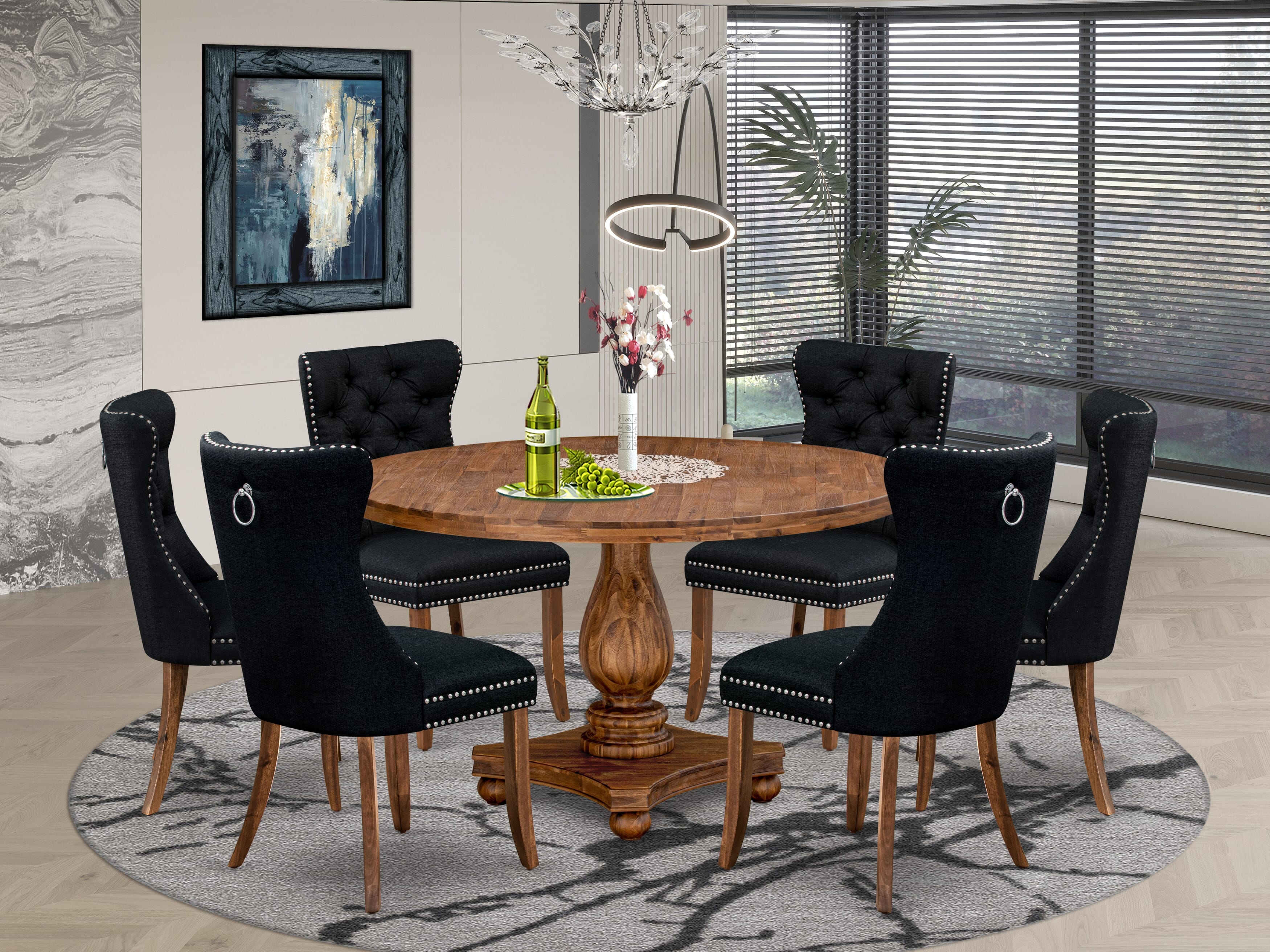 Luxe by East West Furniture I2DA7-50N-24 7-Piece Kitchen Table Set with Linen Fabric 6 Black Dining chairs, Button-Tufted Backs, and a 54"Round Kitchen Table in Antique Walnut Finish.