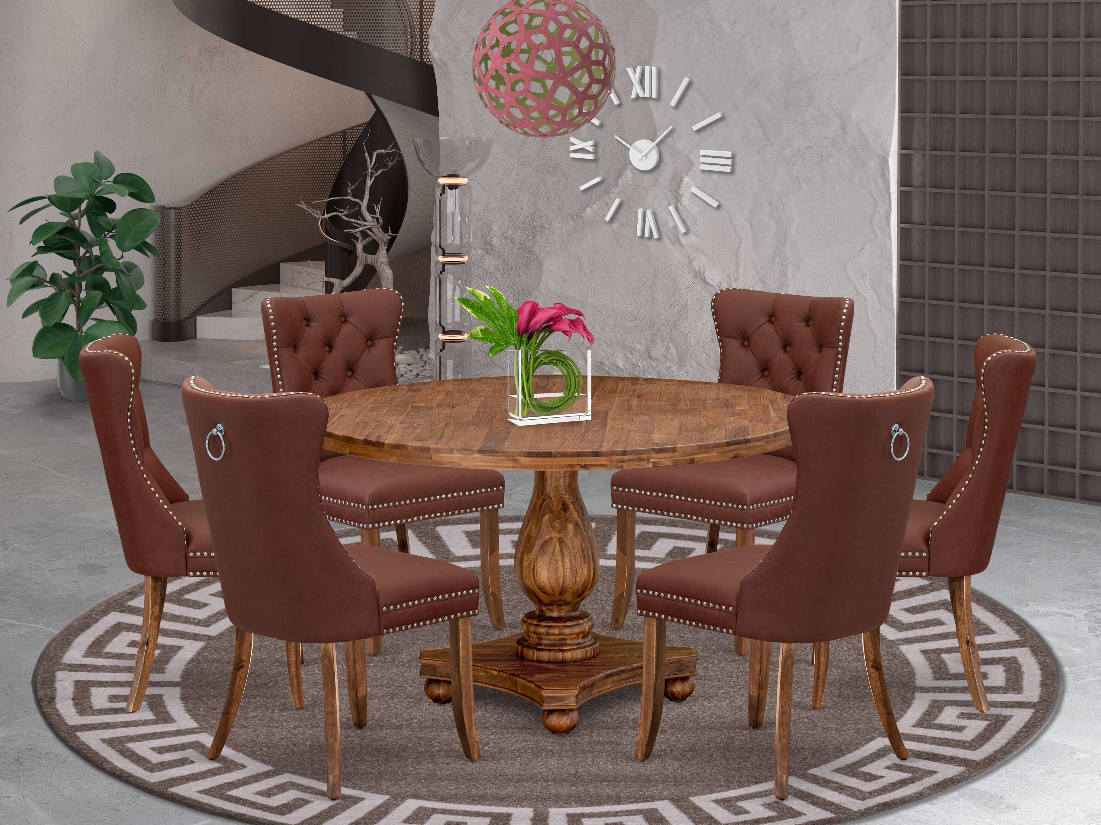 Luxe by East West Furniture I2DA7-50N-26 7-Pc Modern Dining Table Set Contain a Mid Century Table and 6 Burgundy Faux Leather Chairs with Button-Tufted Back, Antique Walnut