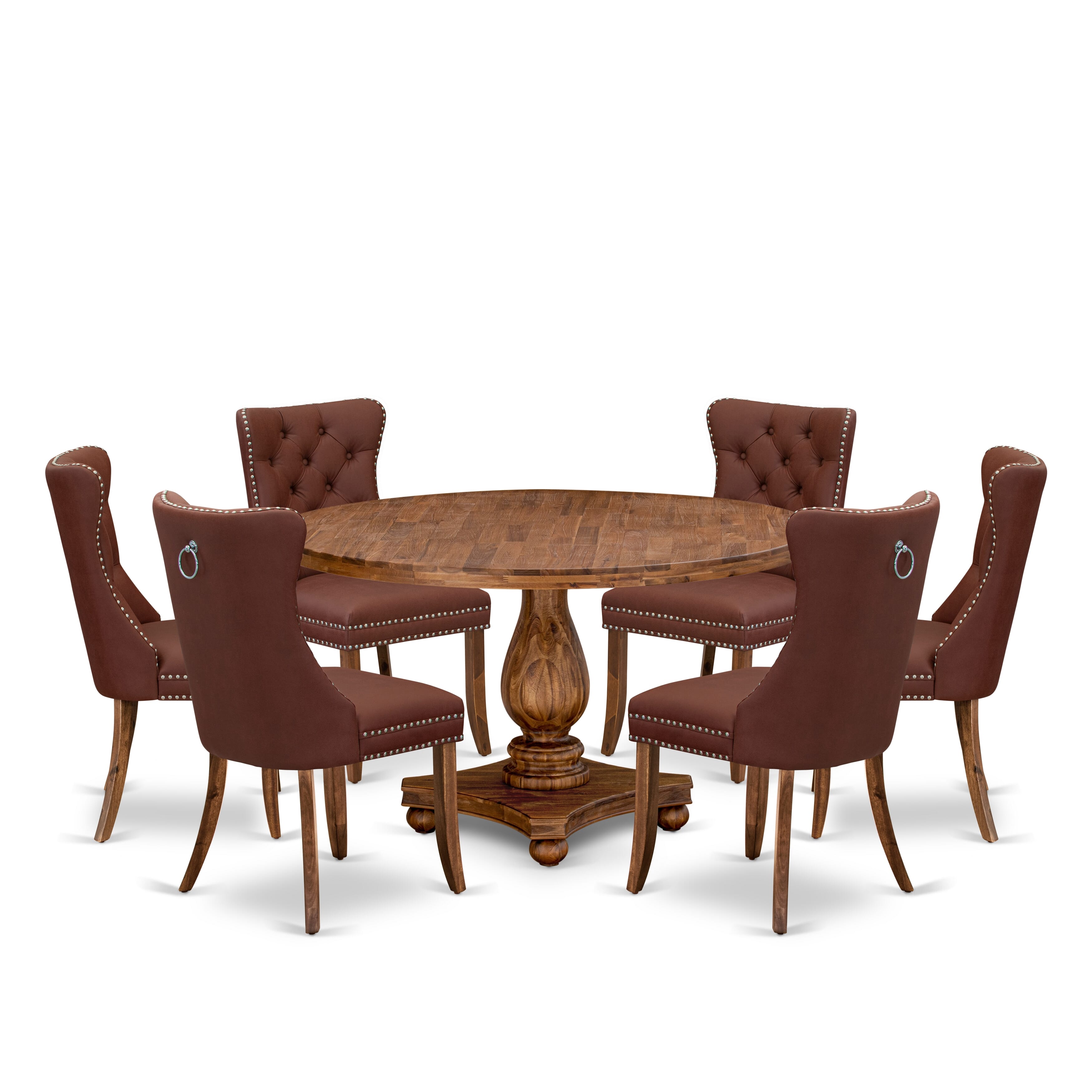 Luxe by East West Furniture I2DA7-50N-26 7-Pc Modern Dining Table Set Contain a Mid Century Table and 6 Burgundy Faux Leather Chairs with Button-Tufted Back, Antique Walnut