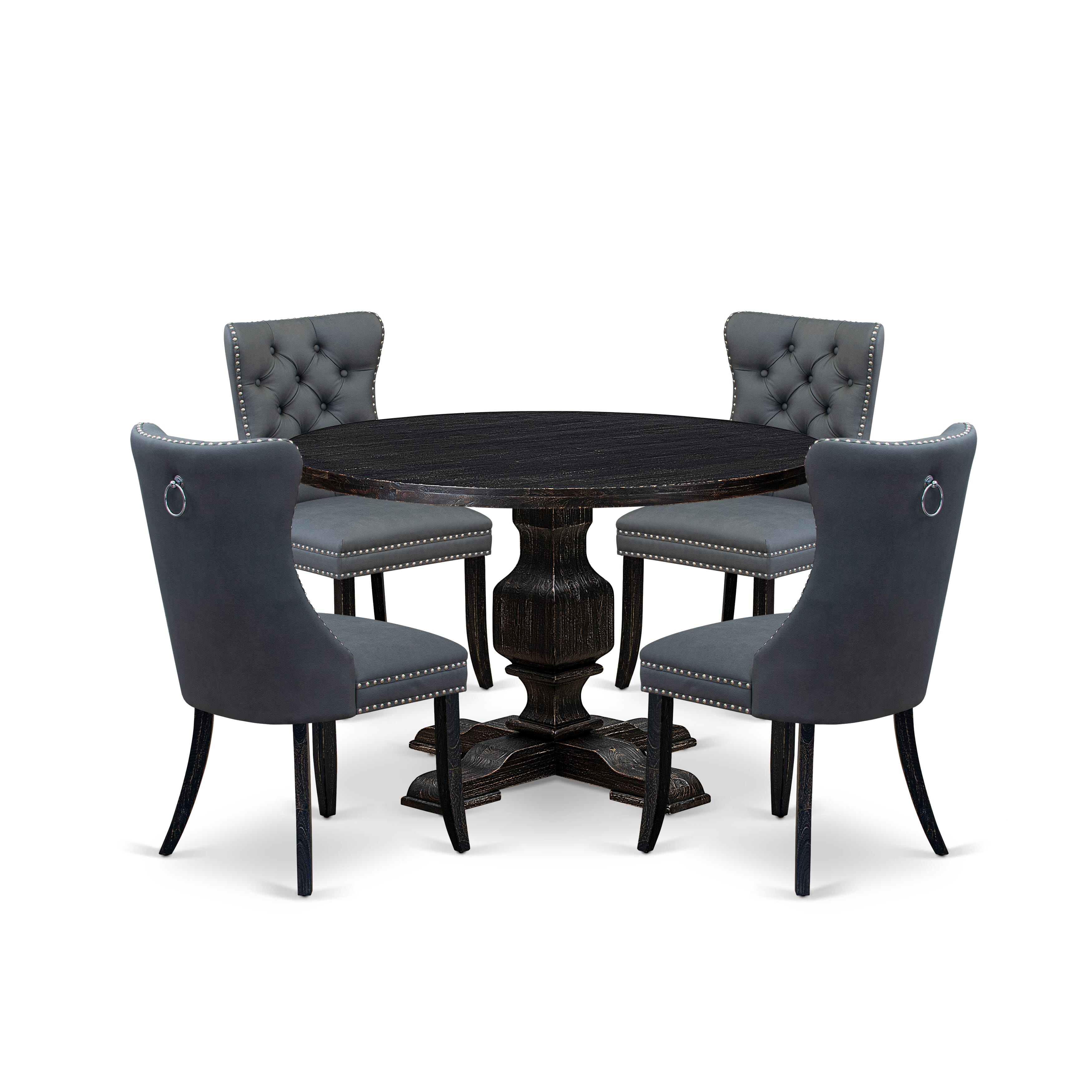 Luxe by East West Furniture I3DA5-411-13 5-piece Dining Table Set with Faux Leather 4 Platinum Gray kitchen chairs, Button-Tufted Backs, and a 48"Round Table in Sand Blasted Black Finish.