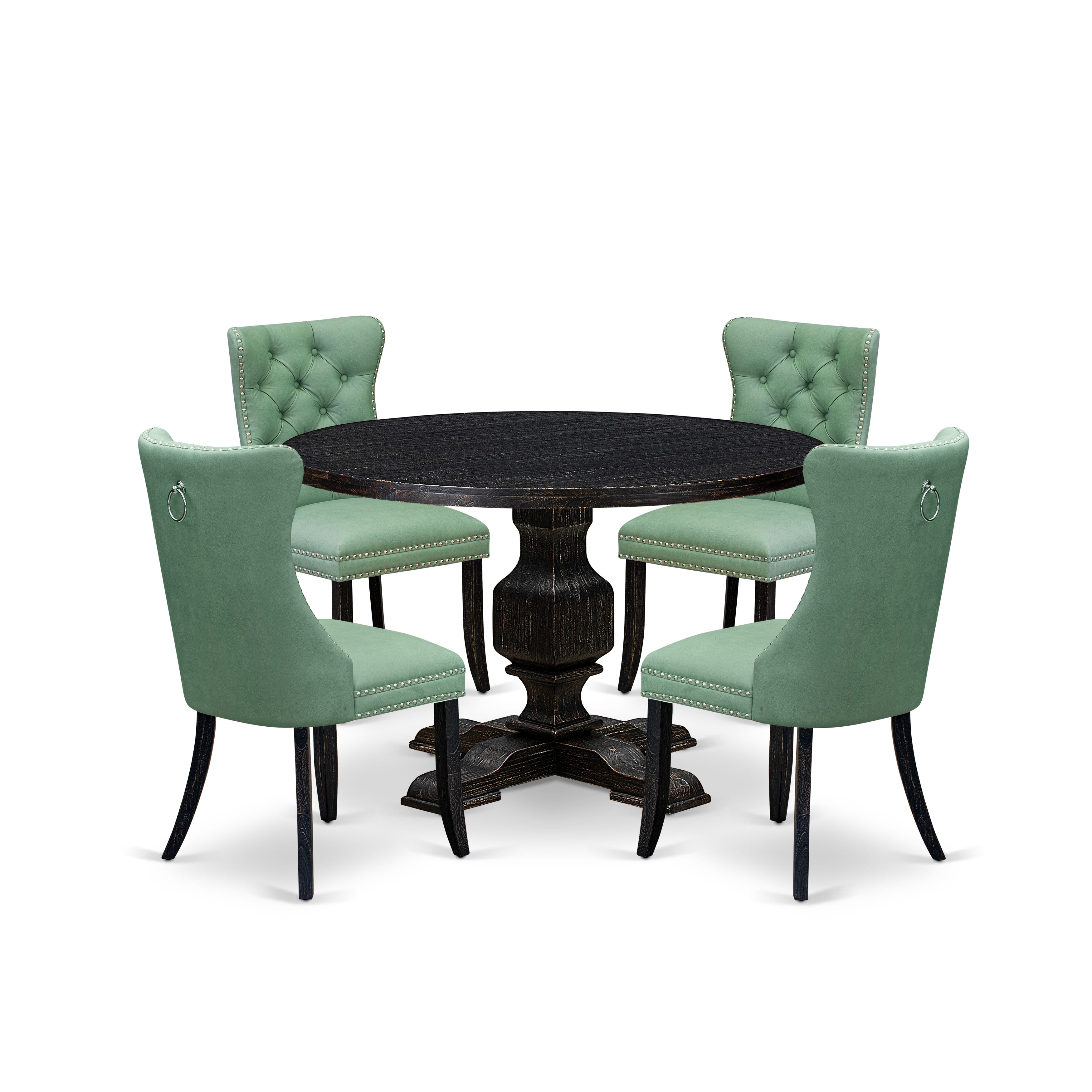 Luxe by East West Furniture I3DA5-411-22 5 Piece Dining Set Contains a 48" Round Table with Pedestal and 4 Willow Green Faux Leather Upholstered Chairs, Sand Blasted Black