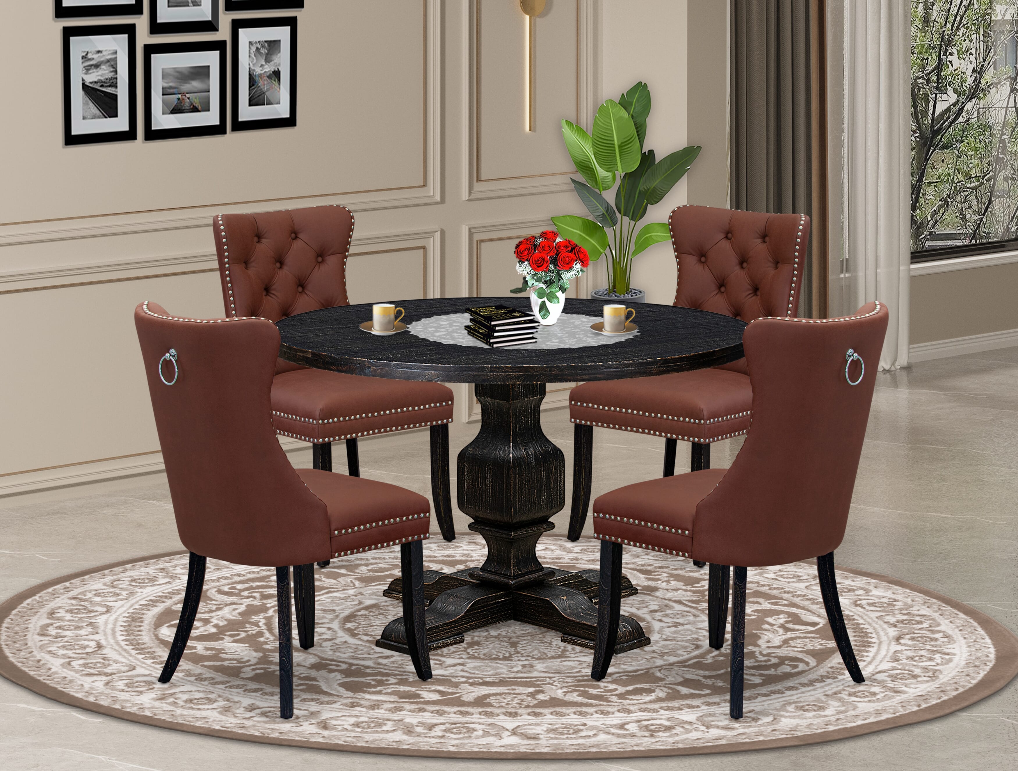 Luxe by East West Furniture I3DA5-411-26 5 Piece Dining Table Set Contains a 48" Round Table with Pedestal and 4 Burgundy Faux Leather Upholstered Chairs, Sand Blasted Black