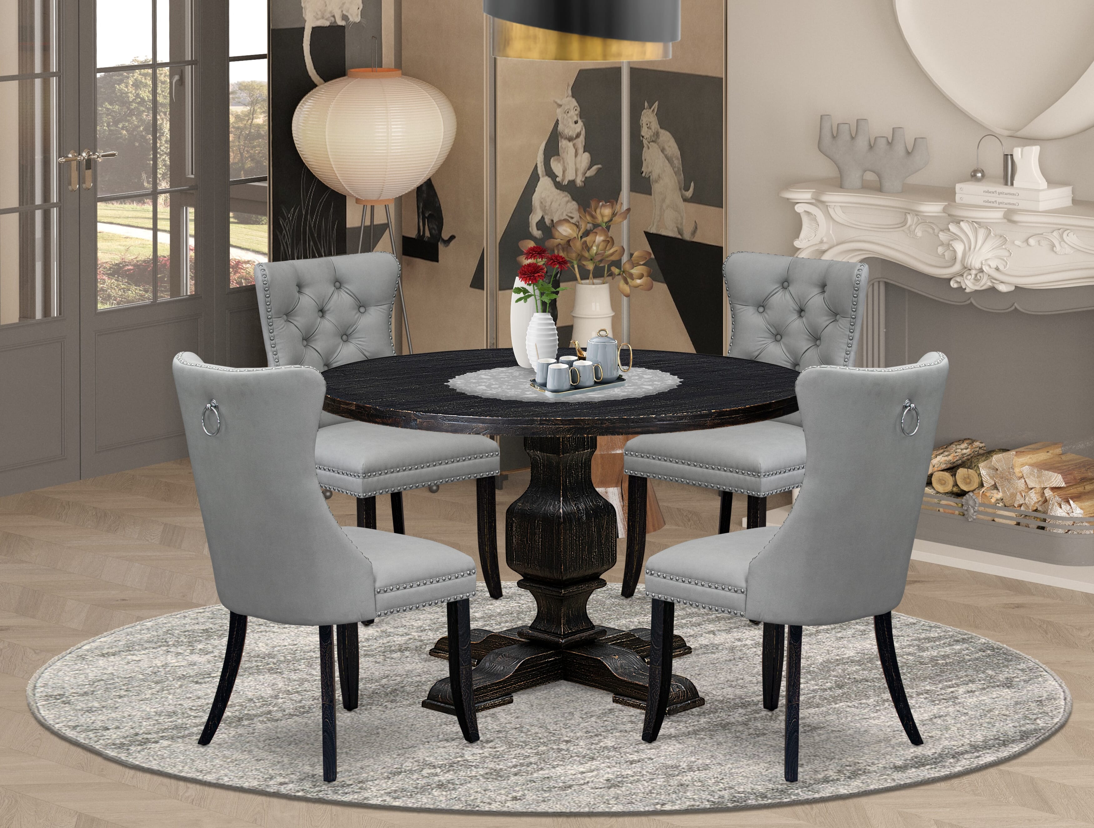 Luxe by East West Furniture I3DA5-411-27 5 Piece Dining Table Set Contains a 48" Round Table with Pedestal and 4 Light Gray Faux Leather Parson Chairs, Sand Blasted Black