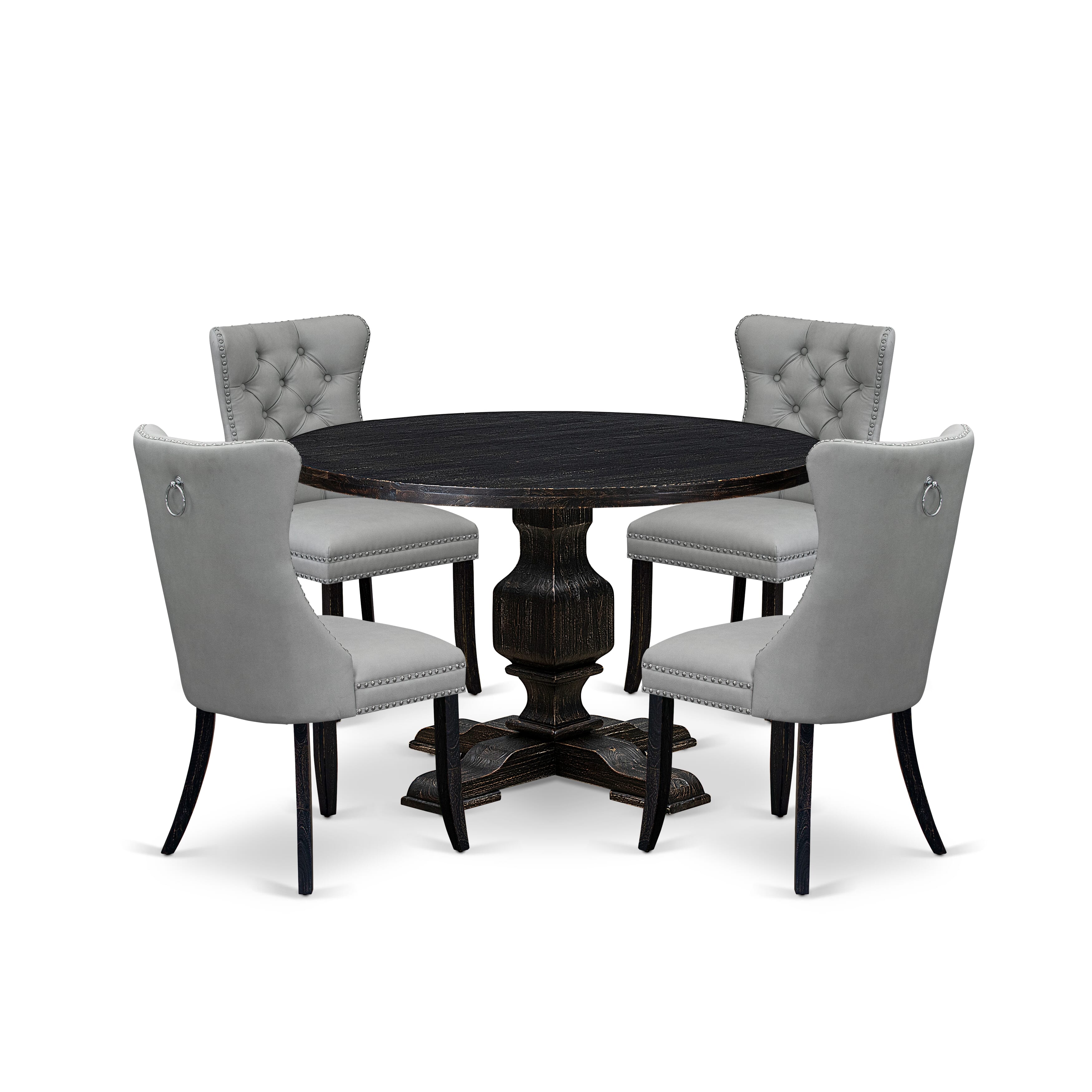 Luxe by East West Furniture I3DA5-411-27 5 Piece Dining Table Set Contains a 48" Round Table with Pedestal and 4 Light Gray Faux Leather Parson Chairs, Sand Blasted Black