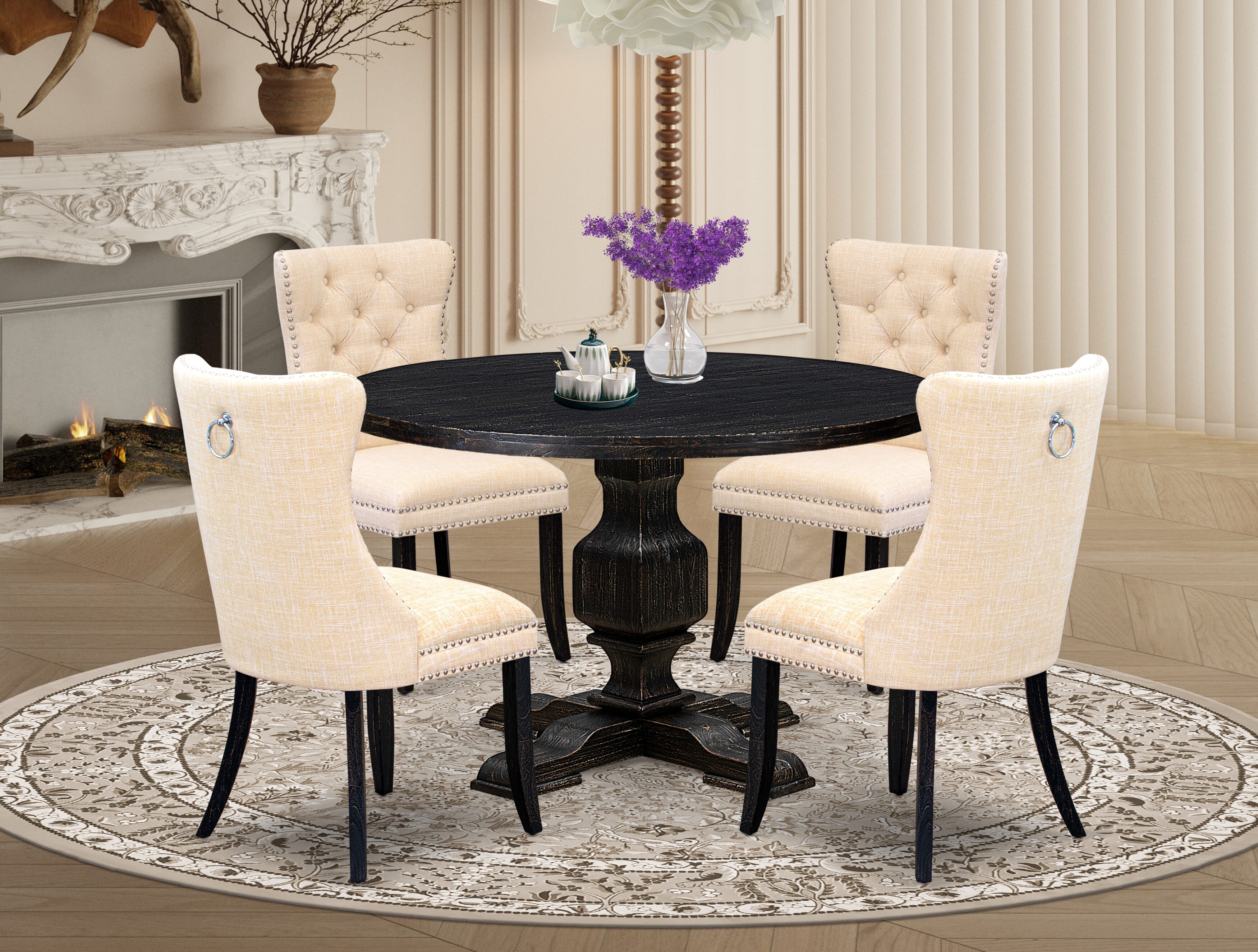 Luxe by East West Furniture I3DA5-411-32 5-pc kitchen table set included a wood table and 4 Light Beige Linen Fabric dining chairs with Button Tufted Back - Sand Blasted Black