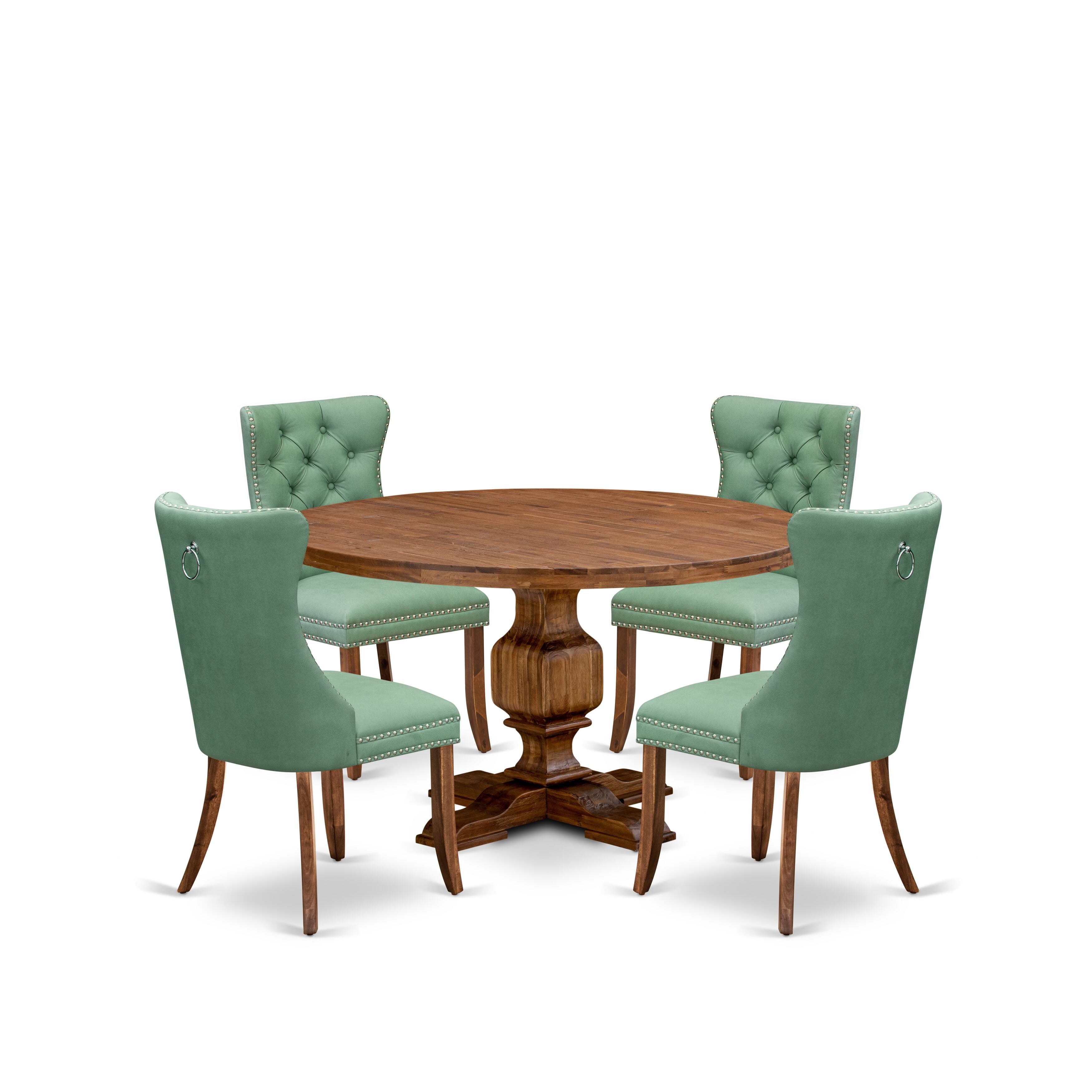 Luxe by East West Furniture I3DA5-50N-22 5-Pc Dining Set Includes a Round Dining Table and 4 Willow Green Faux Leather Parson Chairs with Button-Tufted Back, Antique Walnut