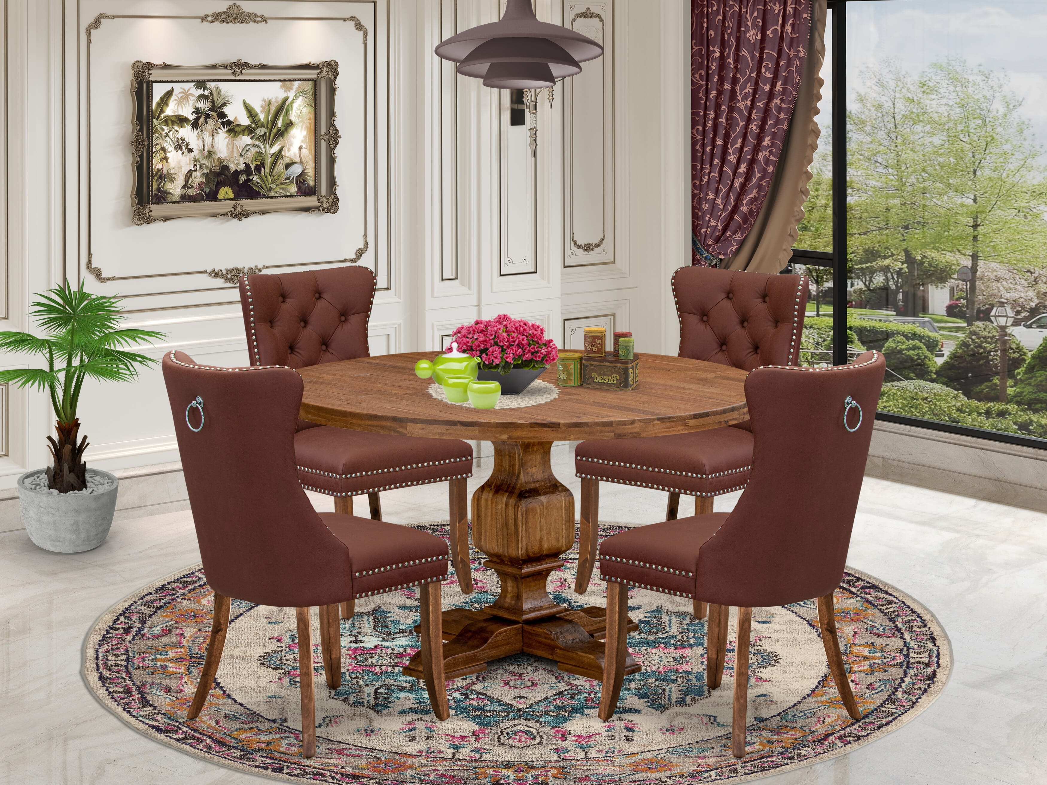 Luxe by East West Furniture I3DA5-50N-26 5-Pc Dinner Table Set Includes a Round Table and 4 Burgundy Faux Leather Upholstered Chairs with Button-Tufted Back, Antique Walnut