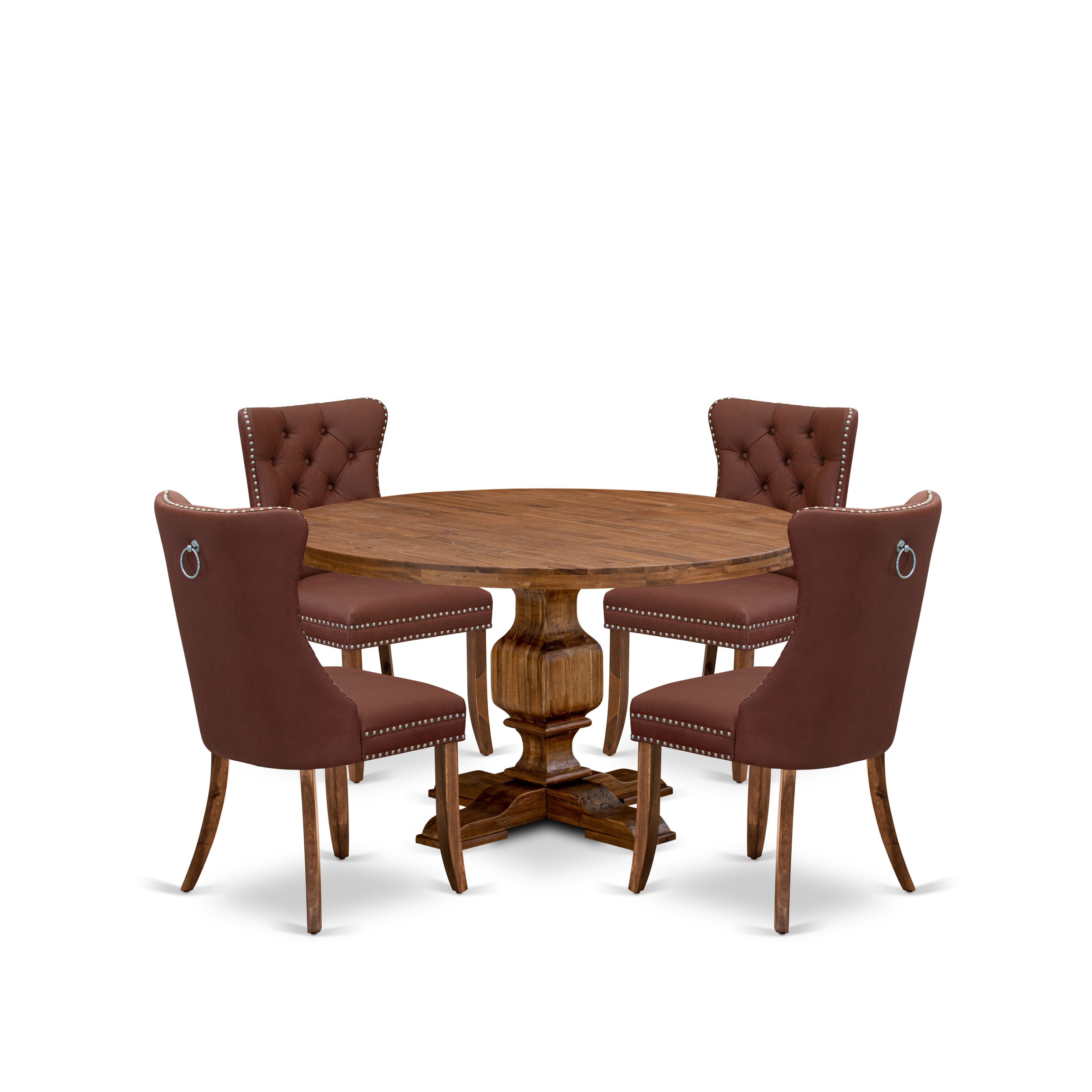Luxe by East West Furniture I3DA5-50N-26 5-Pc Dinner Table Set Includes a Round Table and 4 Burgundy Faux Leather Upholstered Chairs with Button-Tufted Back, Antique Walnut