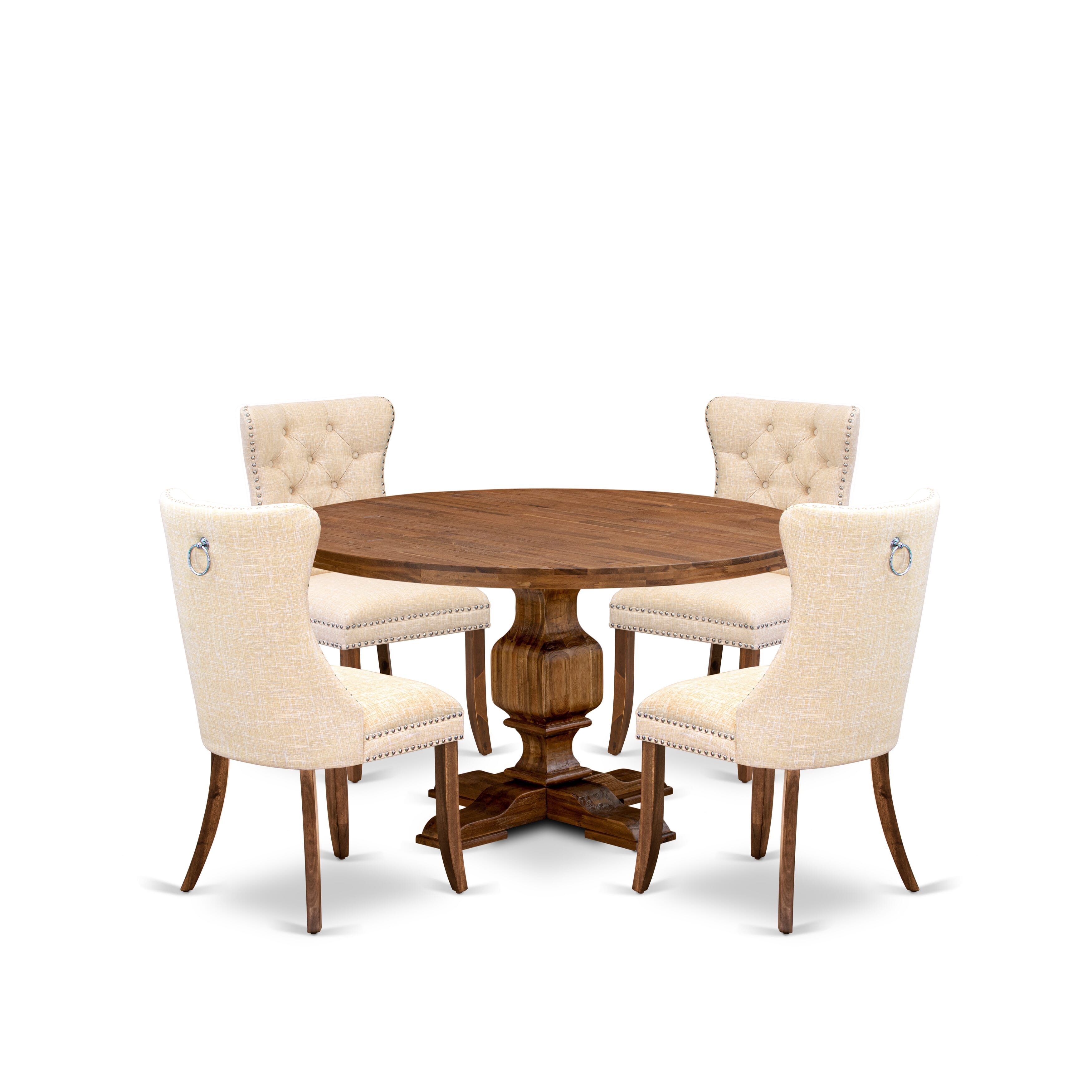 Luxe by East West Furniture I3DA5-50N-32 5-Piece Dining Table Set with Linen Fabric 4 Light Beige Dining Room chairs, Button-Tufted Backs, and a 54"Round Kitchen Table in Antique Walnut Finish.