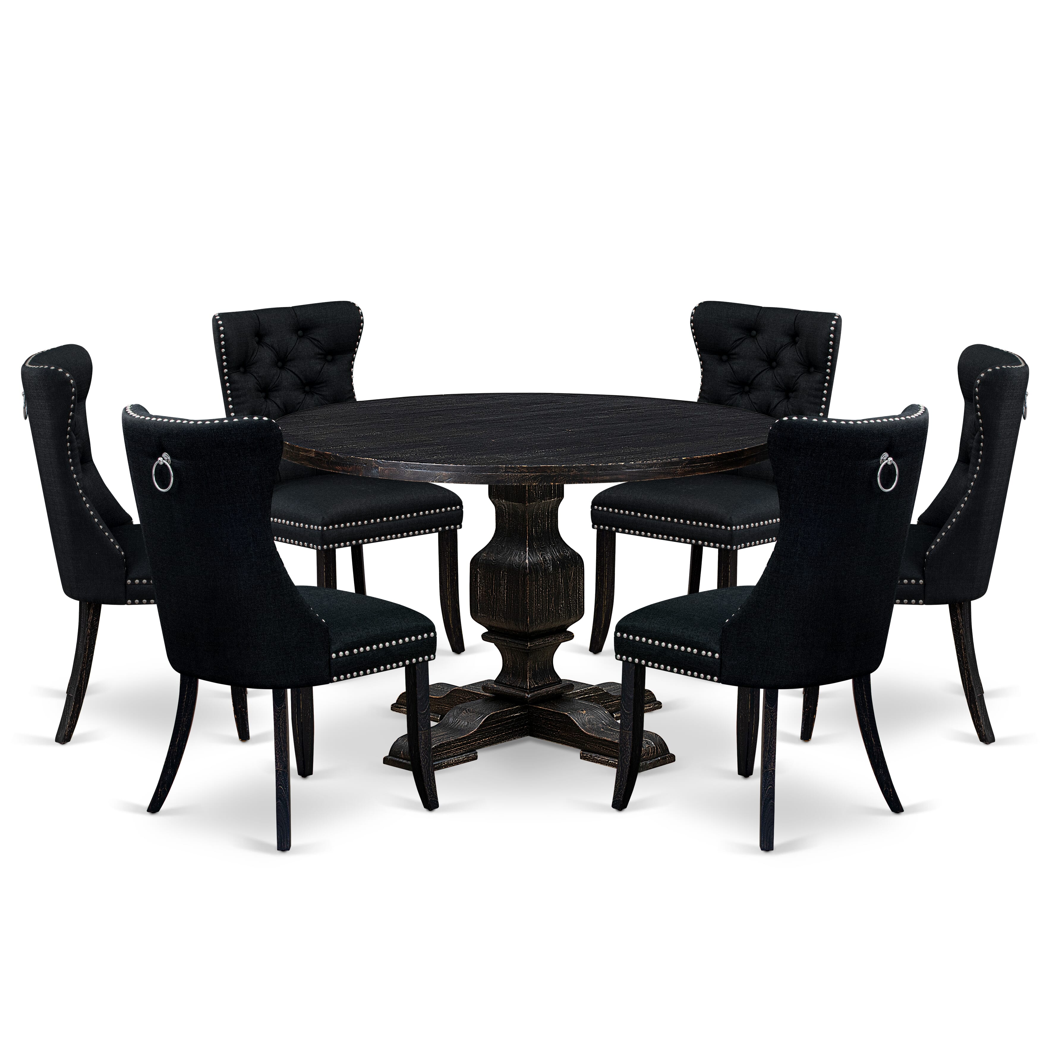 Luxe by East West Furniture I3DA7-411-24 7 Piece Kitchen Table Set Contains a 48" Round Table with Pedestal and 6 Black Linen Fabric Upholstered Chairs, Sand Blasted Black