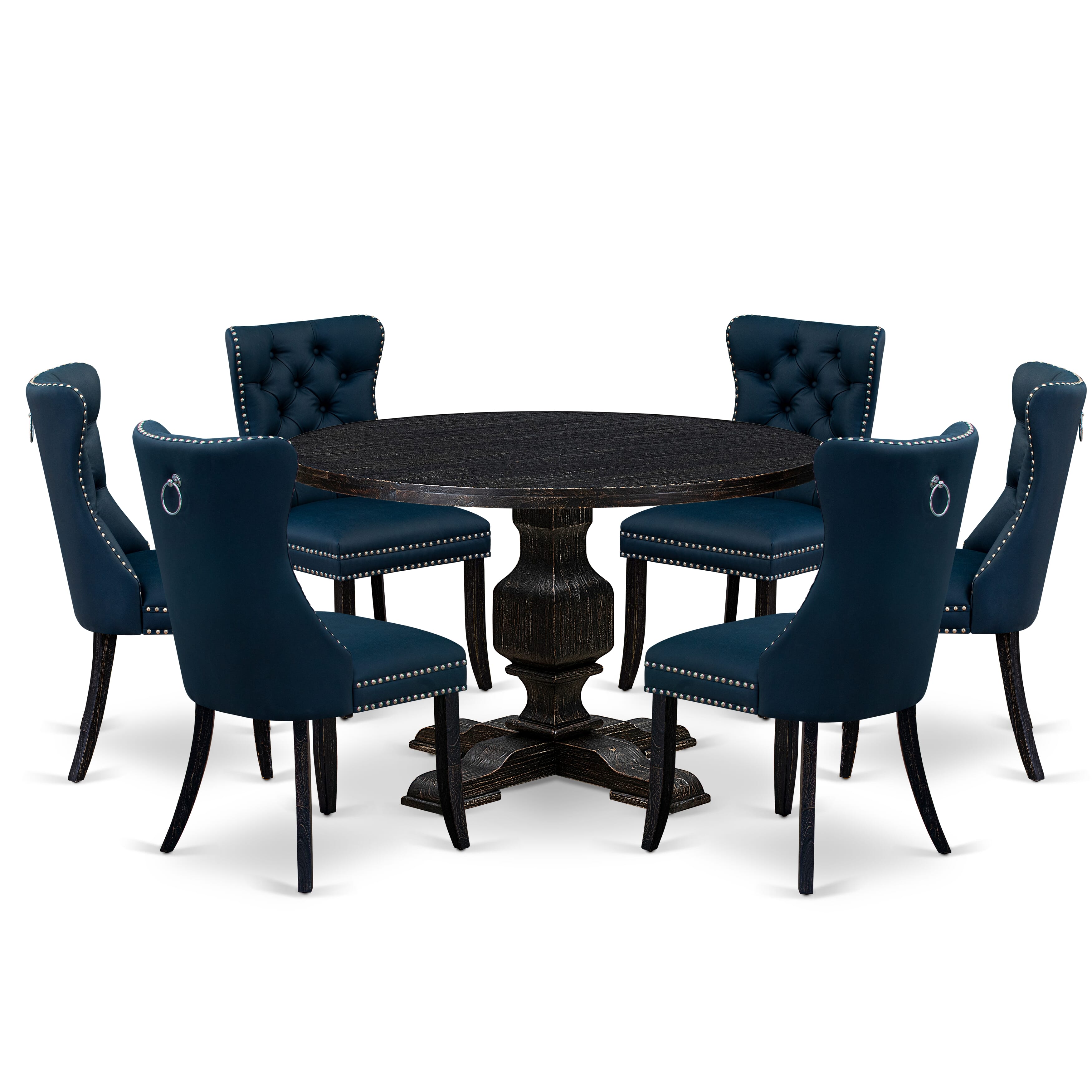 Luxe by East West Furniture I3DA7-411-29 7 Piece Dining Table Set Includes a 48" Round Table with Pedestal and 6 Navy Blue Faux Leather Upholstered Chairs, Sand Blasted Black