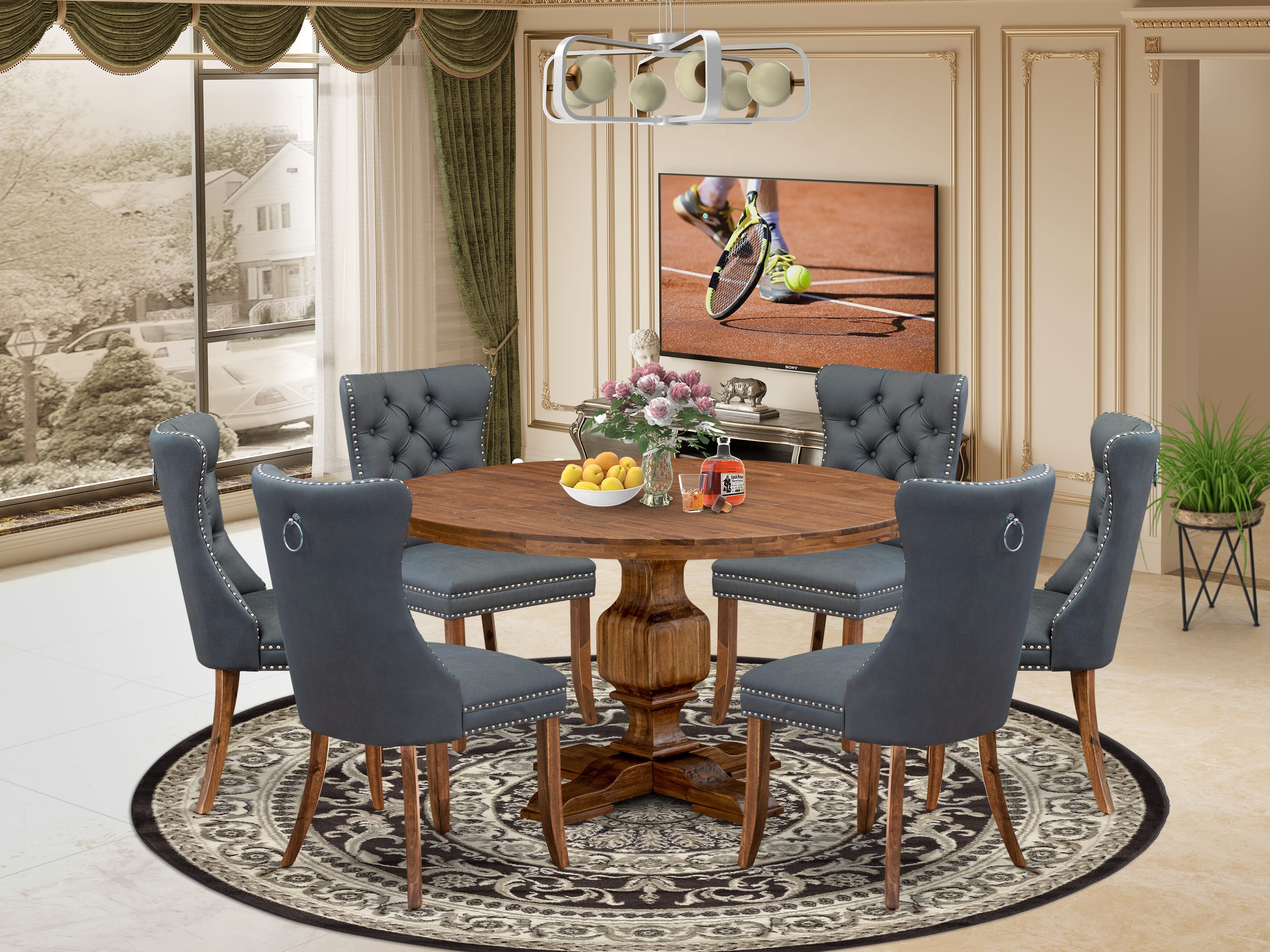 Luxe by East West Furniture I3DA7-50N-13 7-piece Mid-century Dining table set consists of a Kitchen Table and 6 Platinum Gray Faux Leather Dinner Chairs with Button Tufted Back - Antique Walnut Finish