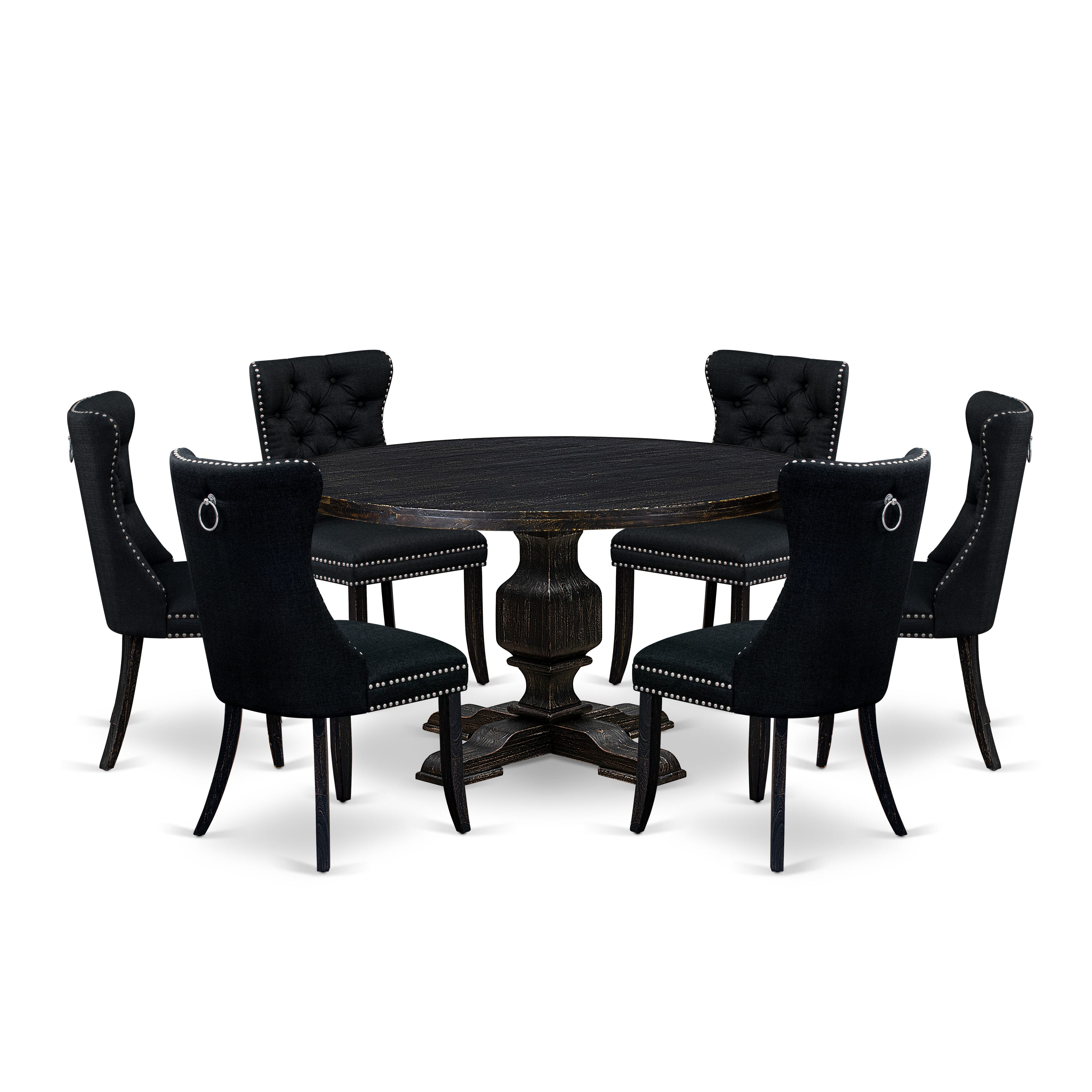 Luxe by East West Furniture I3DA7-511-24 7 Piece Kitchen Table Set Consists of a 54" Round Table with Pedestal and 6 Black Linen Fabric Upholstered Chairs, Sand Blasted Black
