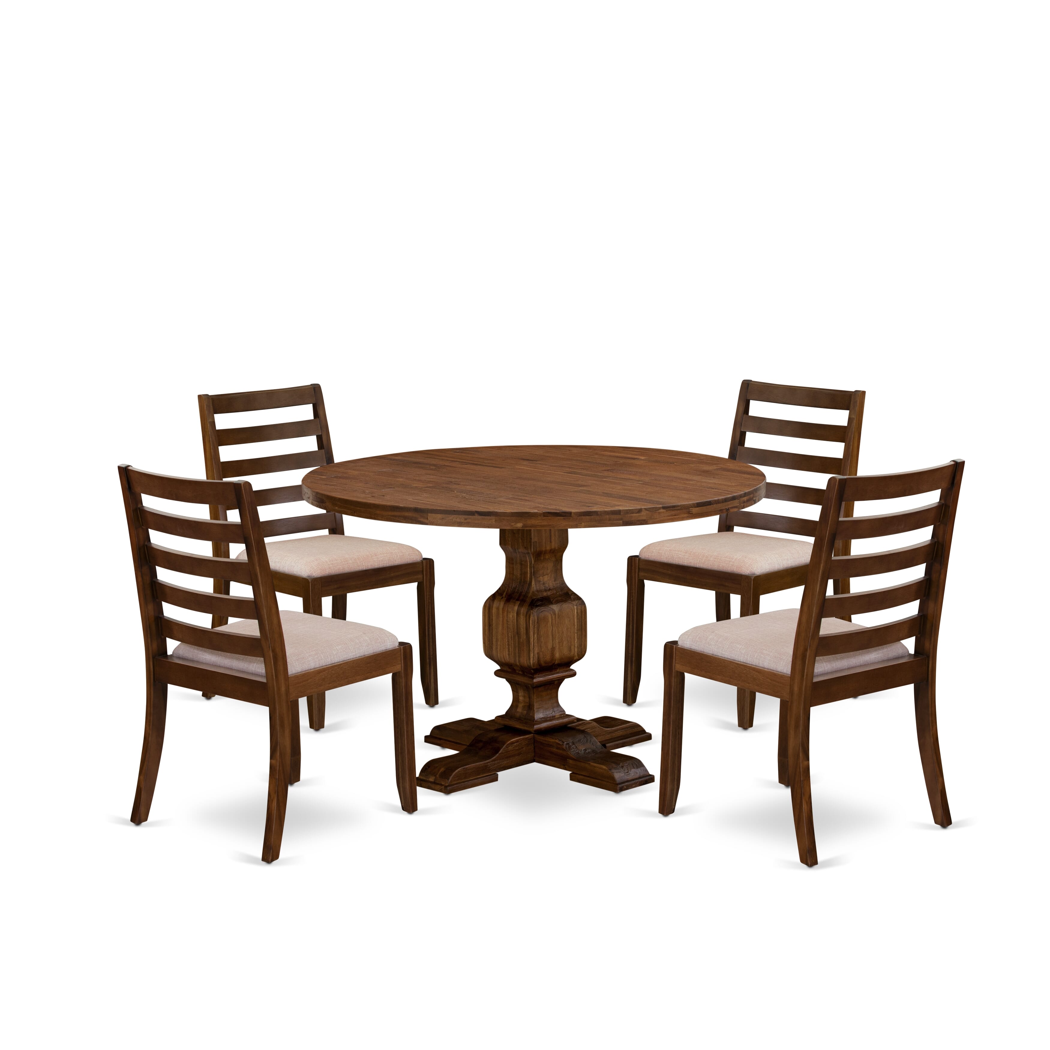 I3X15-0N-04 5-piece Dining Table Set included a Round Table and 4 Light Tan Linen Fabric stackable Chair, Antique Walnut Finish.