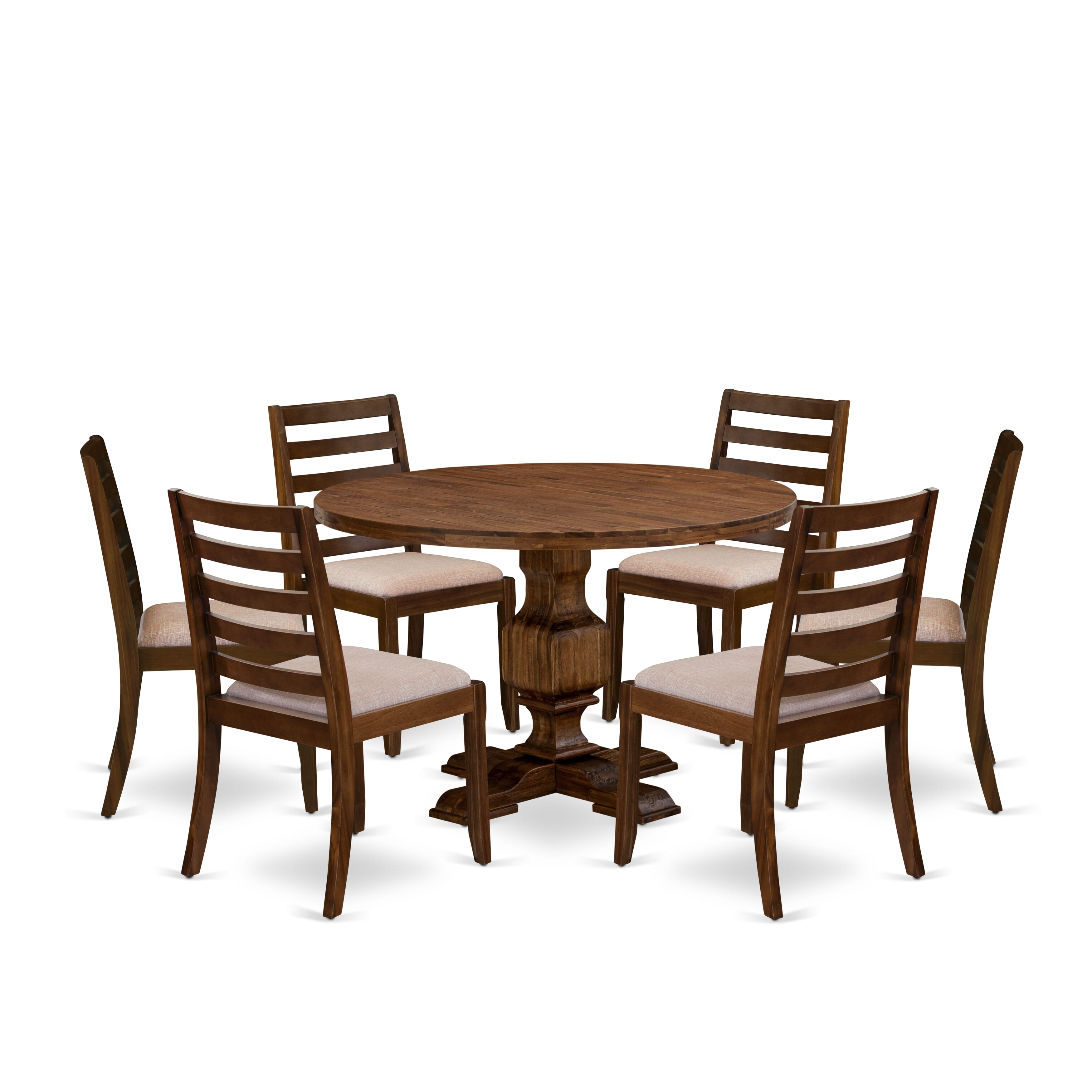 I3X17-0N-04 7-piece Dining Table Set included a Round Table and 6 Light Tan Linen Fabric stackable Chair, Antique Walnut Finish.