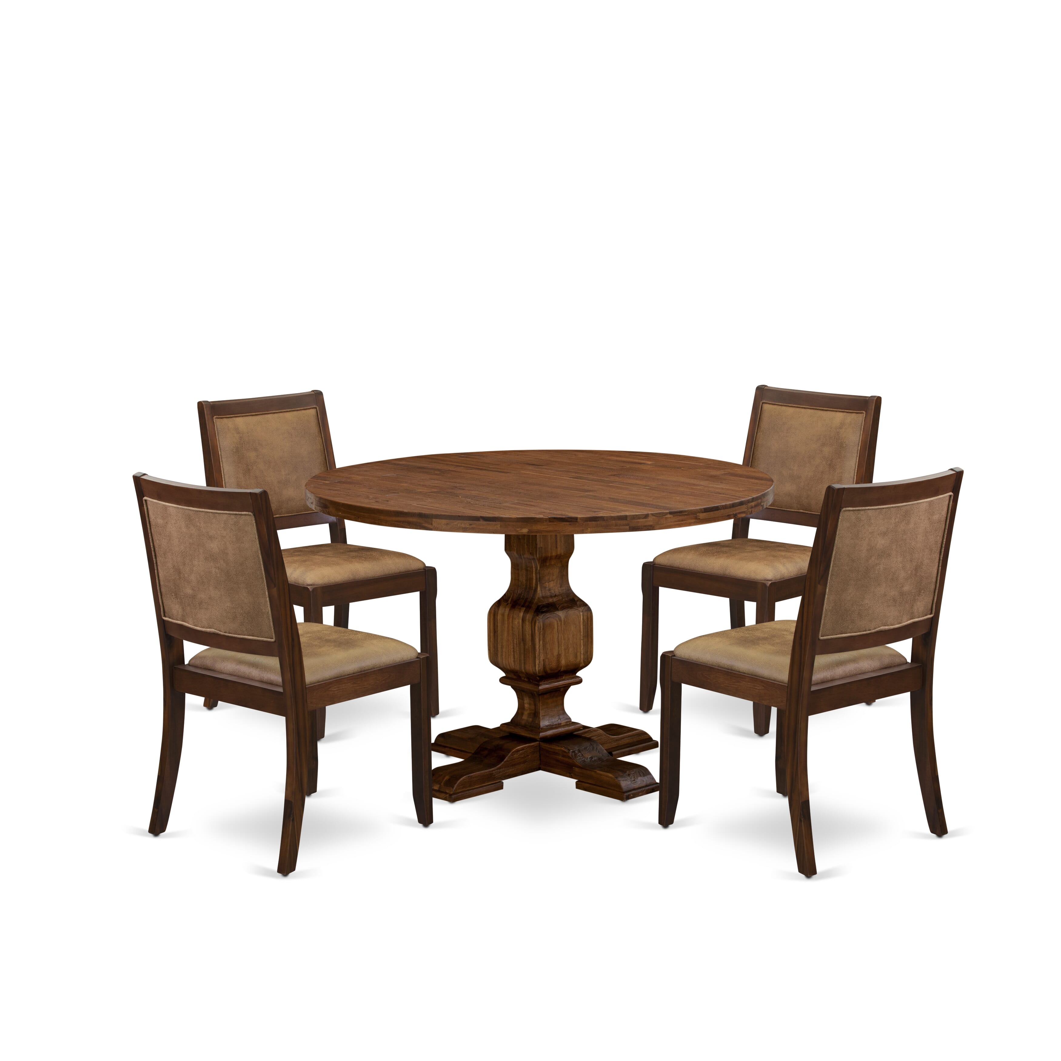 I3X25-0N-28 5-piece kitchen Set consists of a Round Table and 4 Brown Textured Linen Fabric stackable Chair, Antique Walnut Finish.