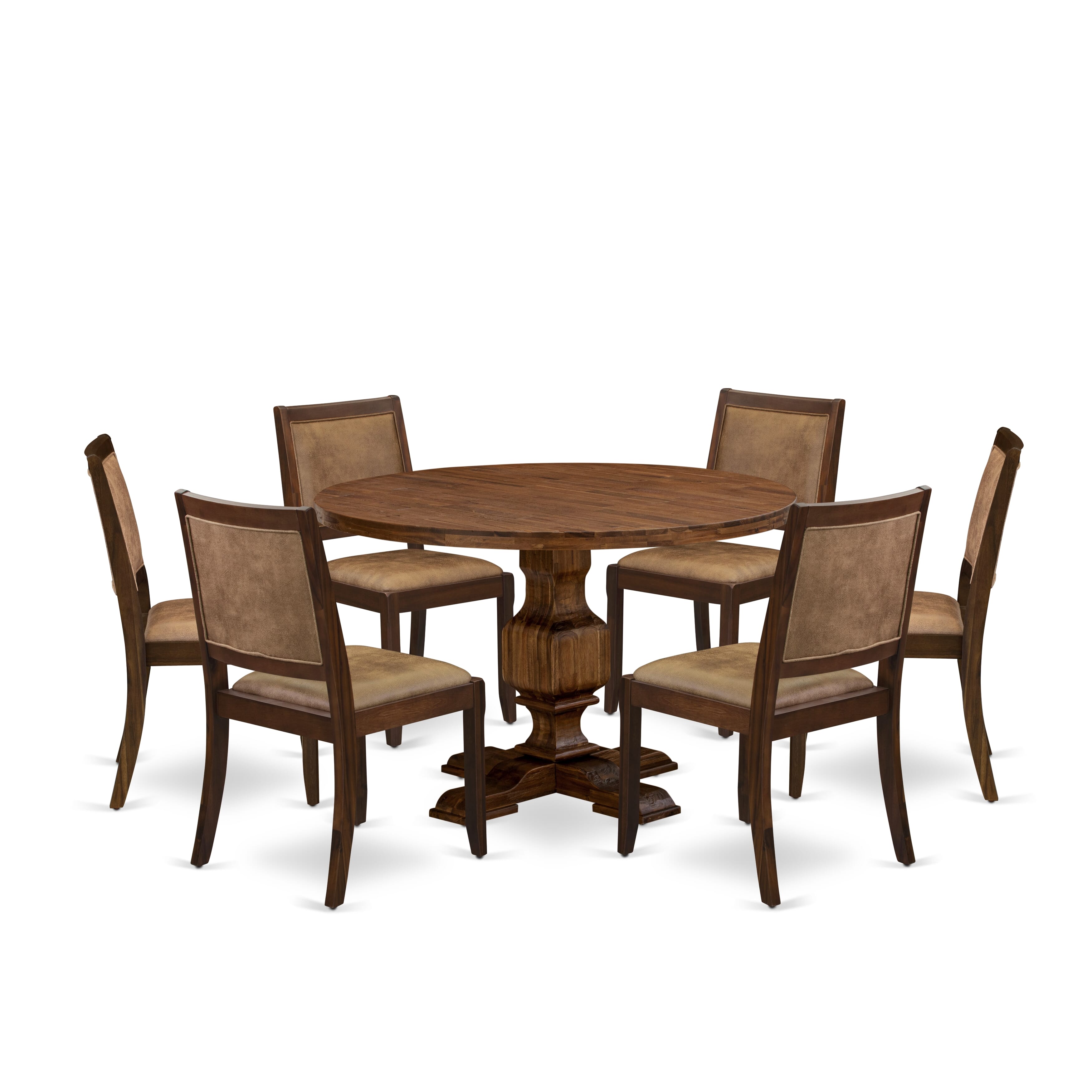 I3X27-0N-28 7-piece Dining Table Set consists of a Round Table and 6 Brown Textured Fabric stackable Chair, Antique Walnut Finish.