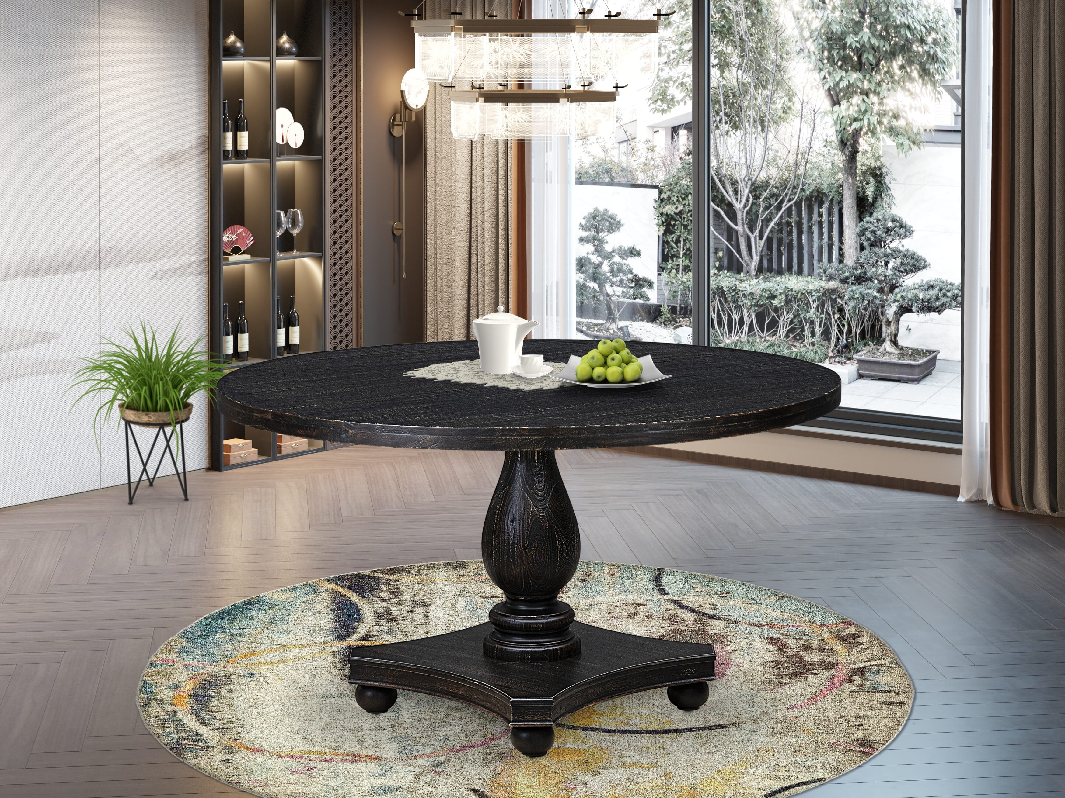 Luxe by East West Furniture I2DA7-511-27 7 Piece Dining Table Set Contains a 54" Round Table with Pedestal and 6 Light Gray Faux Leather Upholstered Chairs, Sand Blasted Black
