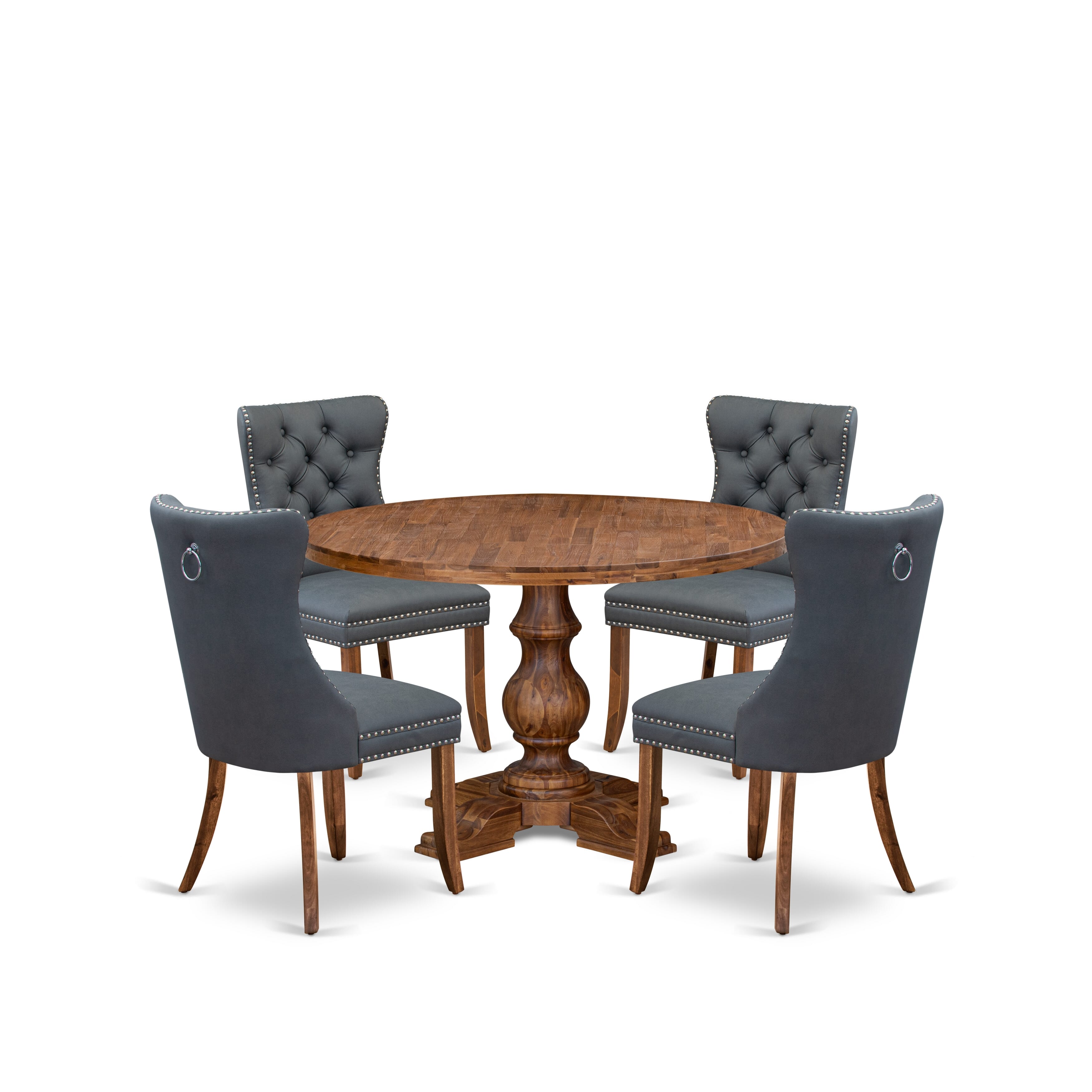 Luxe by East West Furniture I5DA5-40N-13 5-piece Mid-century Dining table set included a Dining Table and 4 Platinum Gray Faux Leather Dinner Chairs with Button Tufted Back - Antique Walnut Finish
