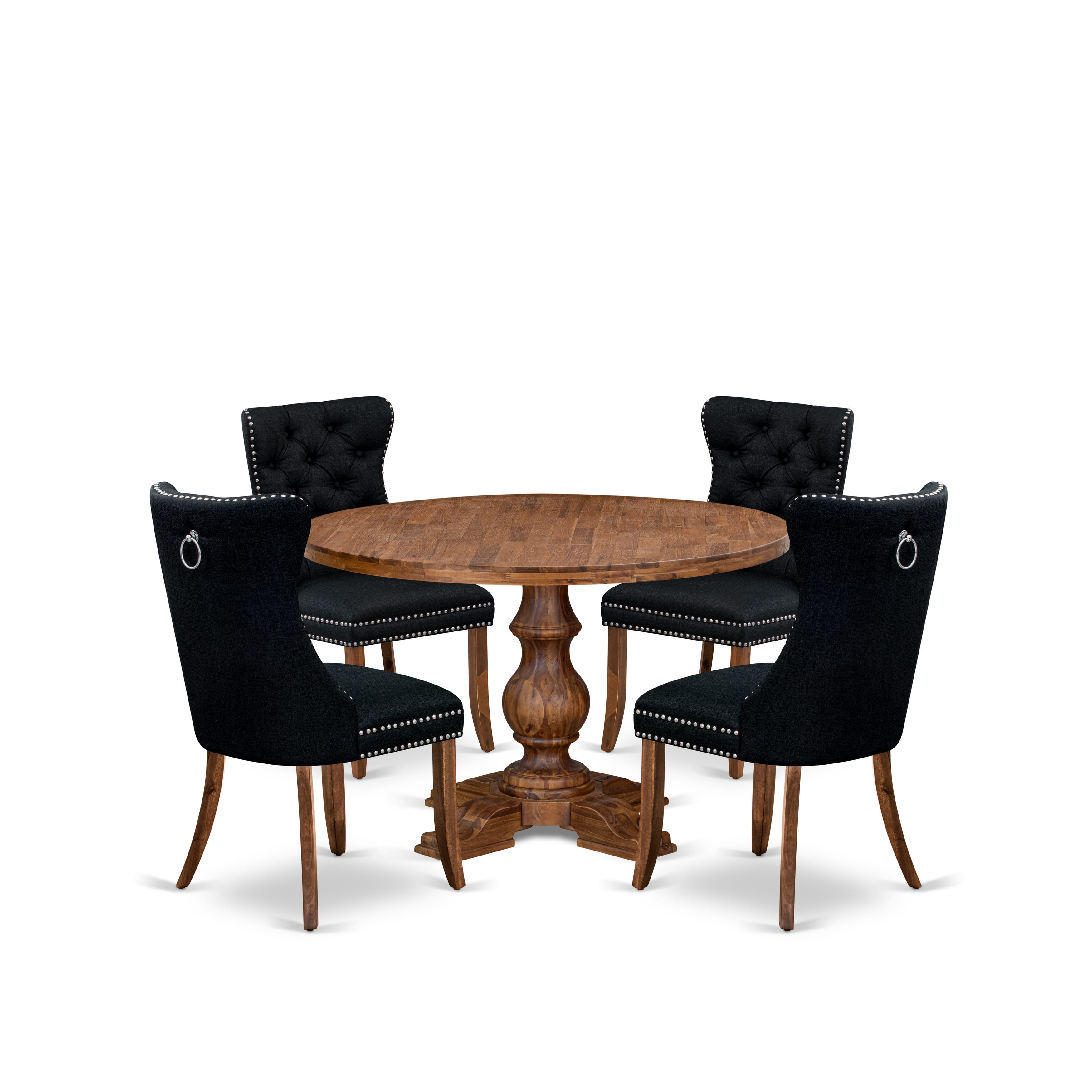 Luxe by East West Furniture I5DA5-40N-24 5-Piece Modern Dining Table Set with Linen Fabric 4 Black Padded chairs, Button-Tufted Backs, and a 48"Round Dining Table in Antique Walnut Finish.