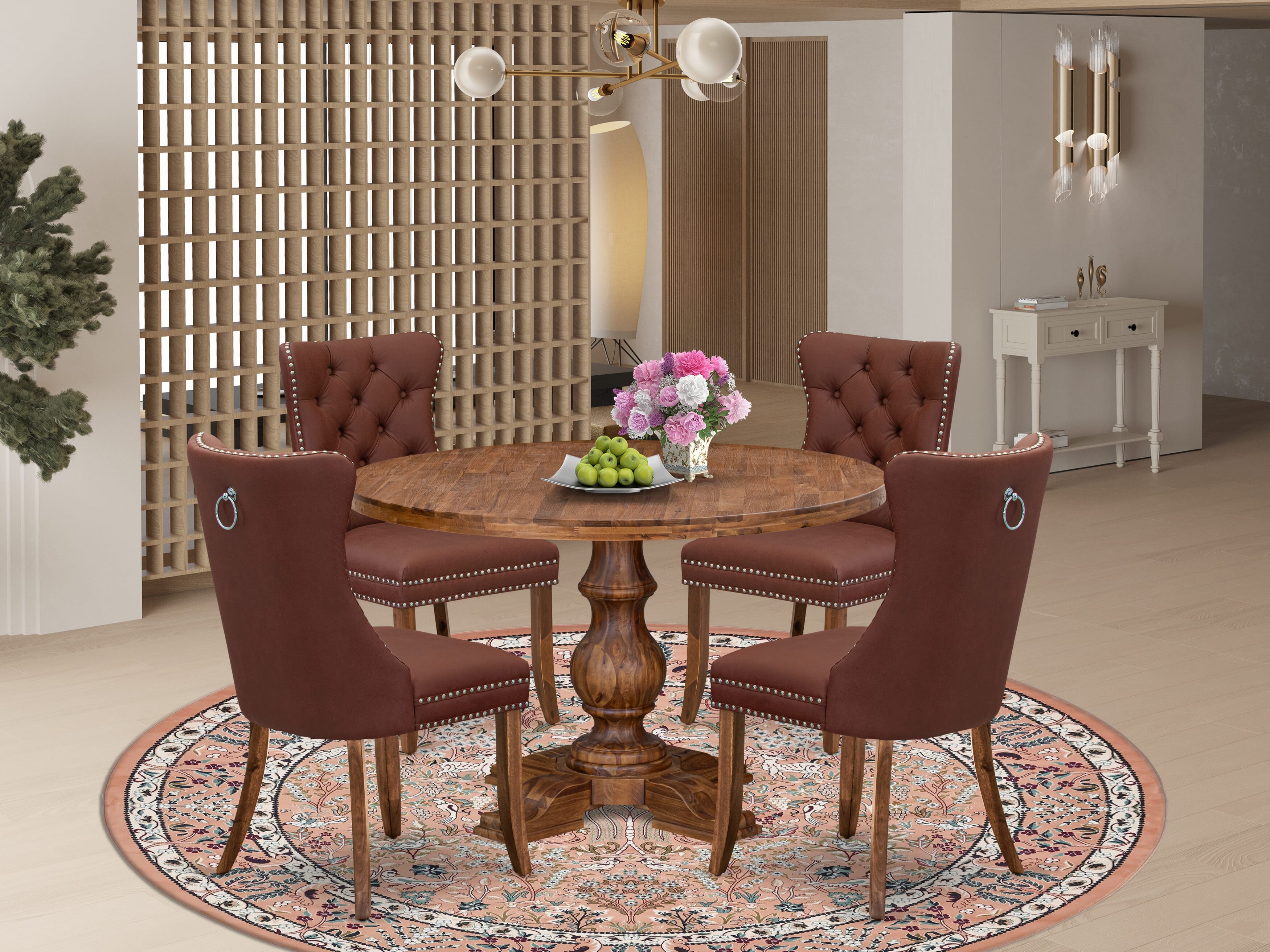 Luxe by East West Furniture I5DA5-40N-26 5-Pc Mid Century Modern Dining Set Contain a Wood Table and 4 Burgundy Faux Leather Chairs with Button-Tufted Back, Antique Walnut