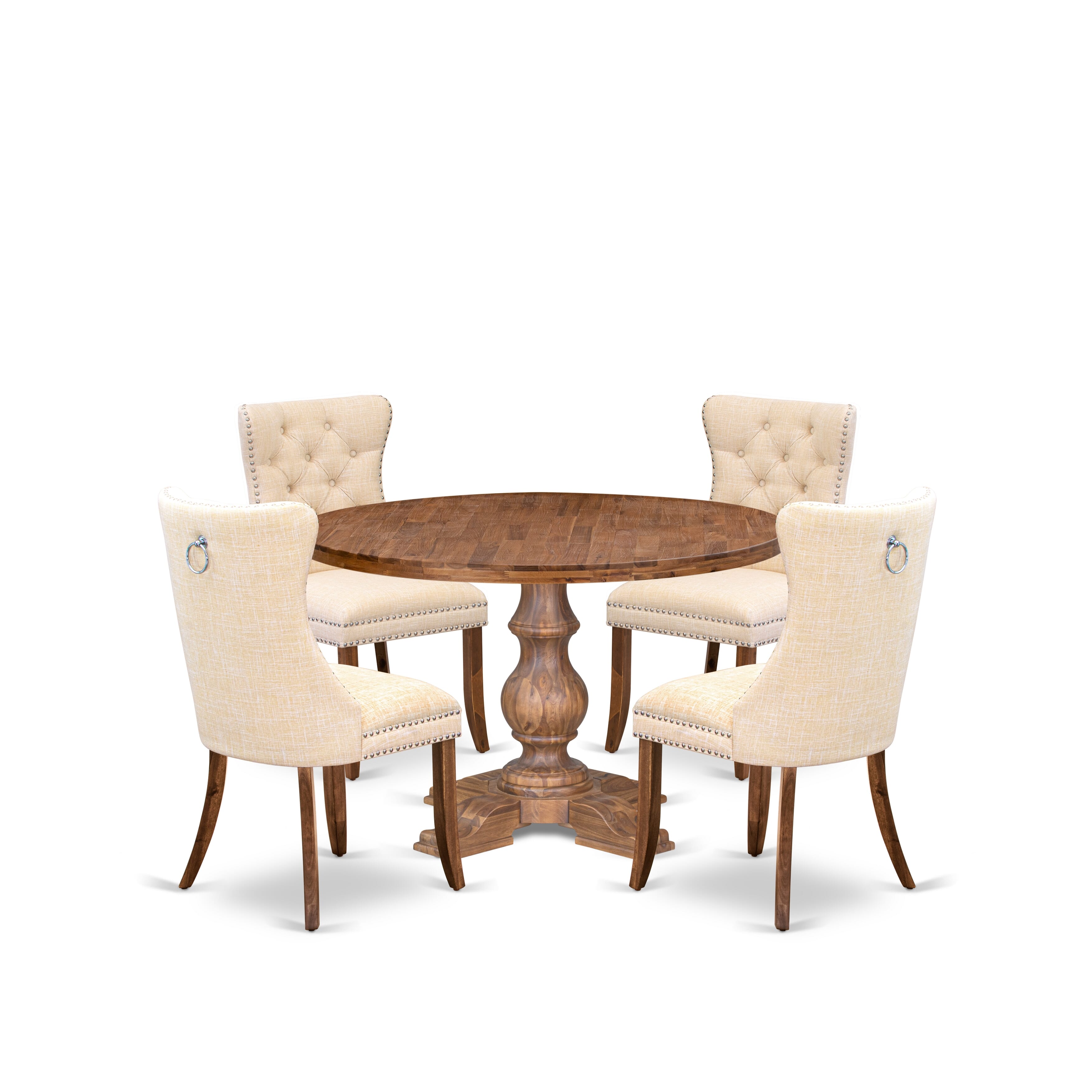 Luxe by East West Furniture I5DA5-40N-32 5-piece Kitchen Set with Linen Fabric 4 Light Beige upholstered dining chairs, Button-Tufted Backs, and a 48"Round Dinner Table in Antique Walnut Finish.