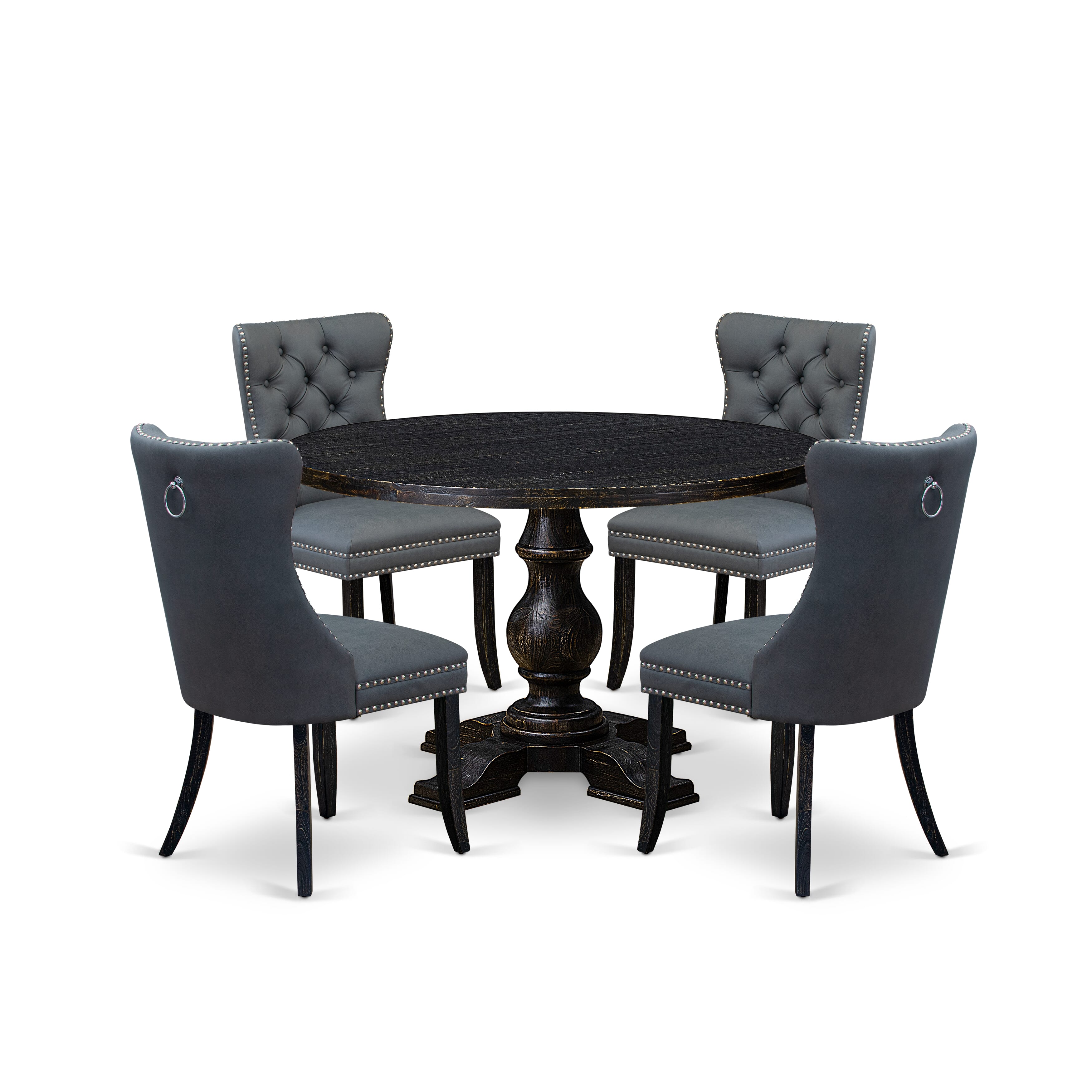 Luxe by East West Furniture I5DA5-411-13 5-piece Kitchen Table Set with Faux Leather 4 Platinum Gray dining room chairs, Button-Tufted Backs, and a 48"Round Kitchen Table in Sand Blasted Black Finish.