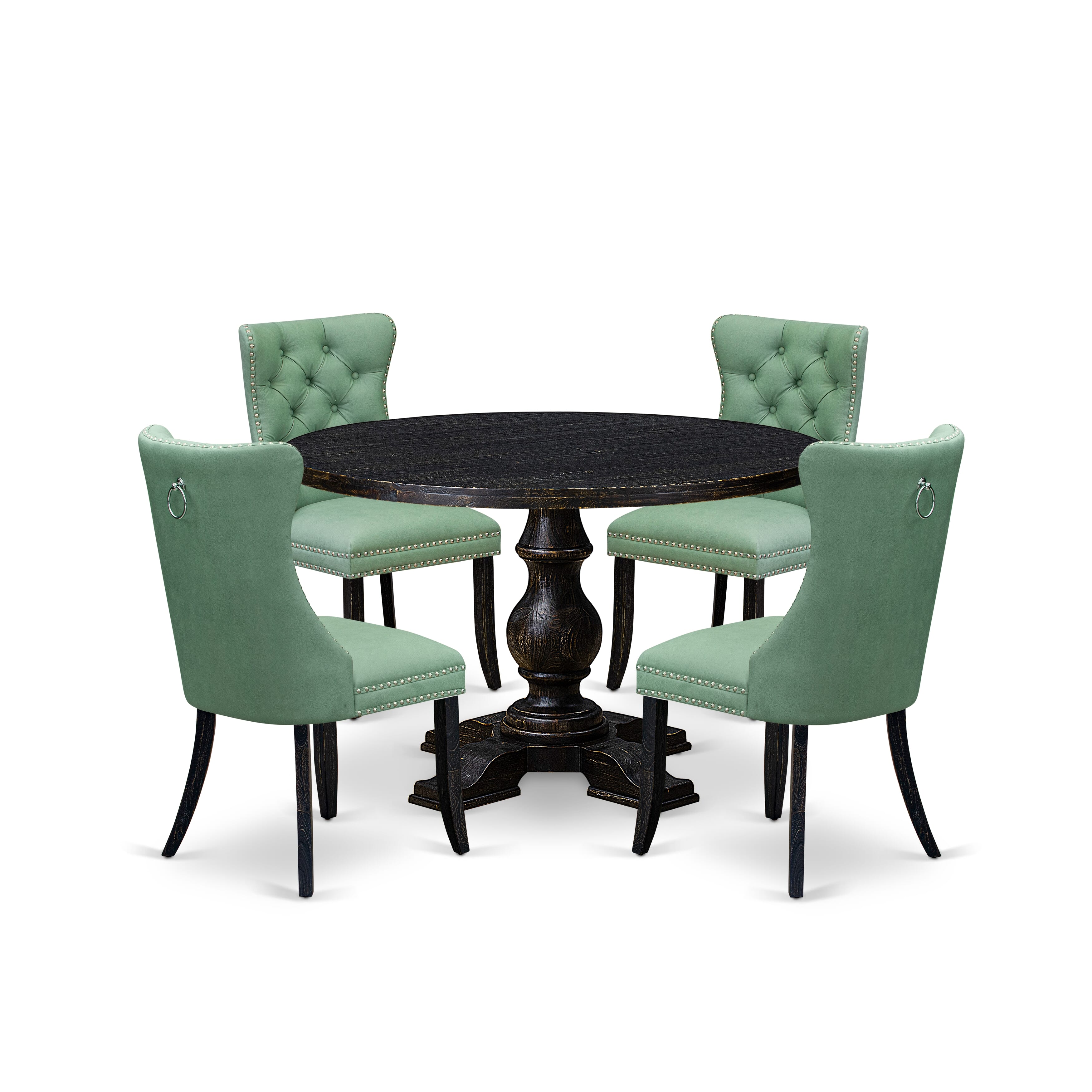 Luxe by East West Furniture I5DA5-411-22 5 Piece Dining Set Consists of a 48" Round Table with Pedestal and 4 Willow Green Faux Leather Upholstered Chairs, Sand Blasted Black