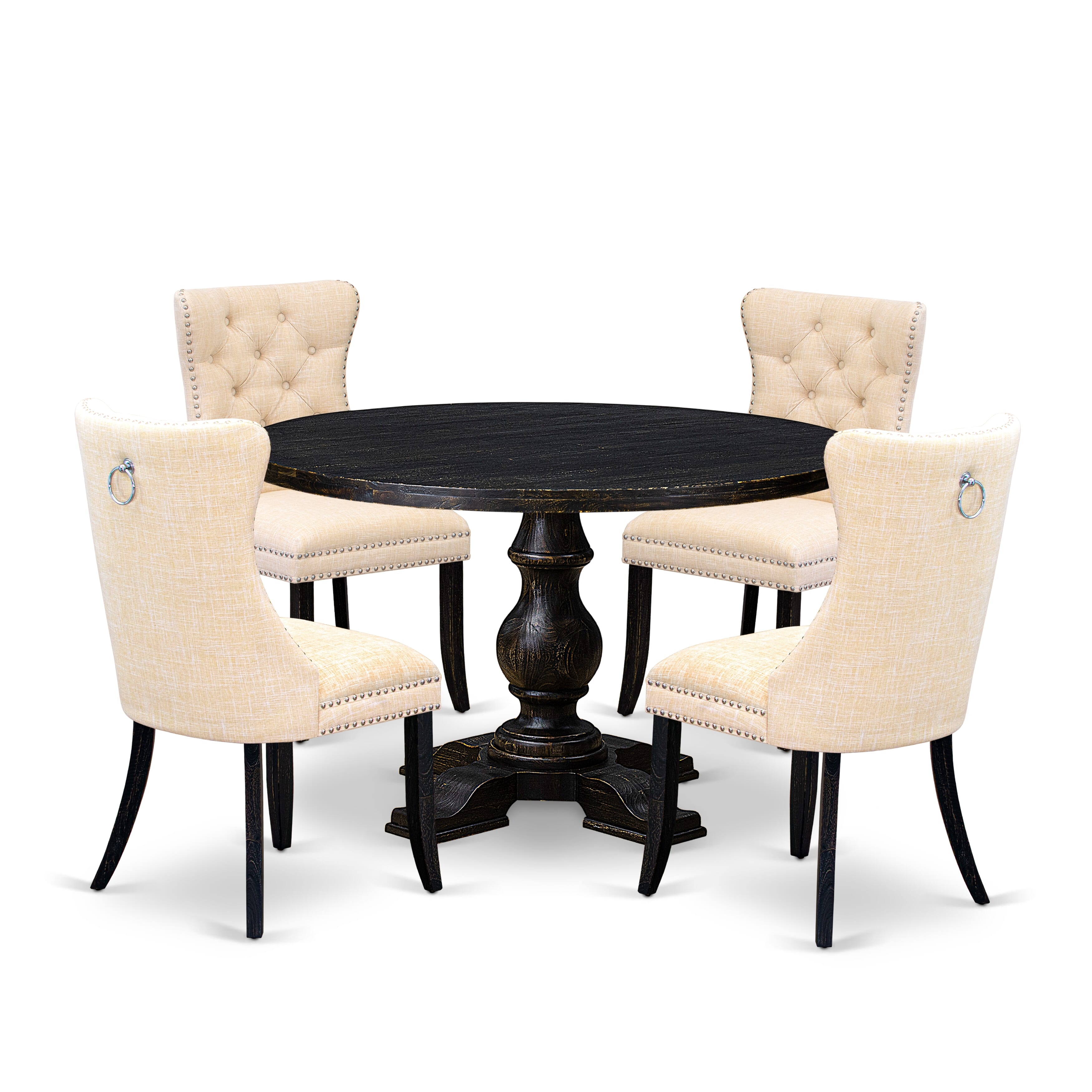 Luxe by East West Furniture I5DA5-411-32 5-pc dinner table set contains a wood table and 4 Light Beige Linen Fabric kitchen chairs with Button Tufted Back - Sand Blasted Black