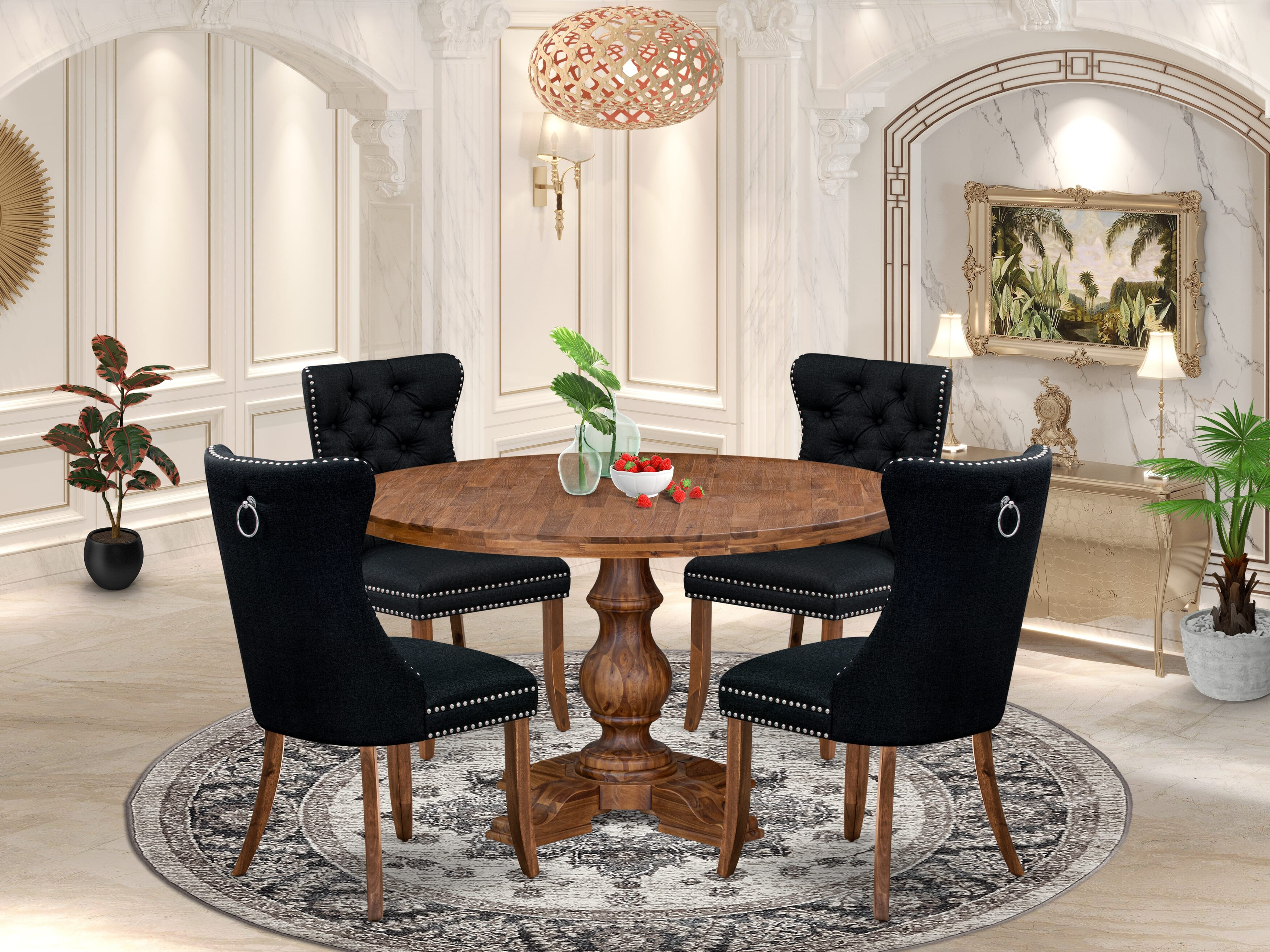 Luxe by East West Furniture I5DA5-50N-24 5-Piece Dining Set with Linen Fabric 4 Black Padded Dining chairs, Button-Tufted Backs, and a 54"Round Table in Antique Walnut Finish.