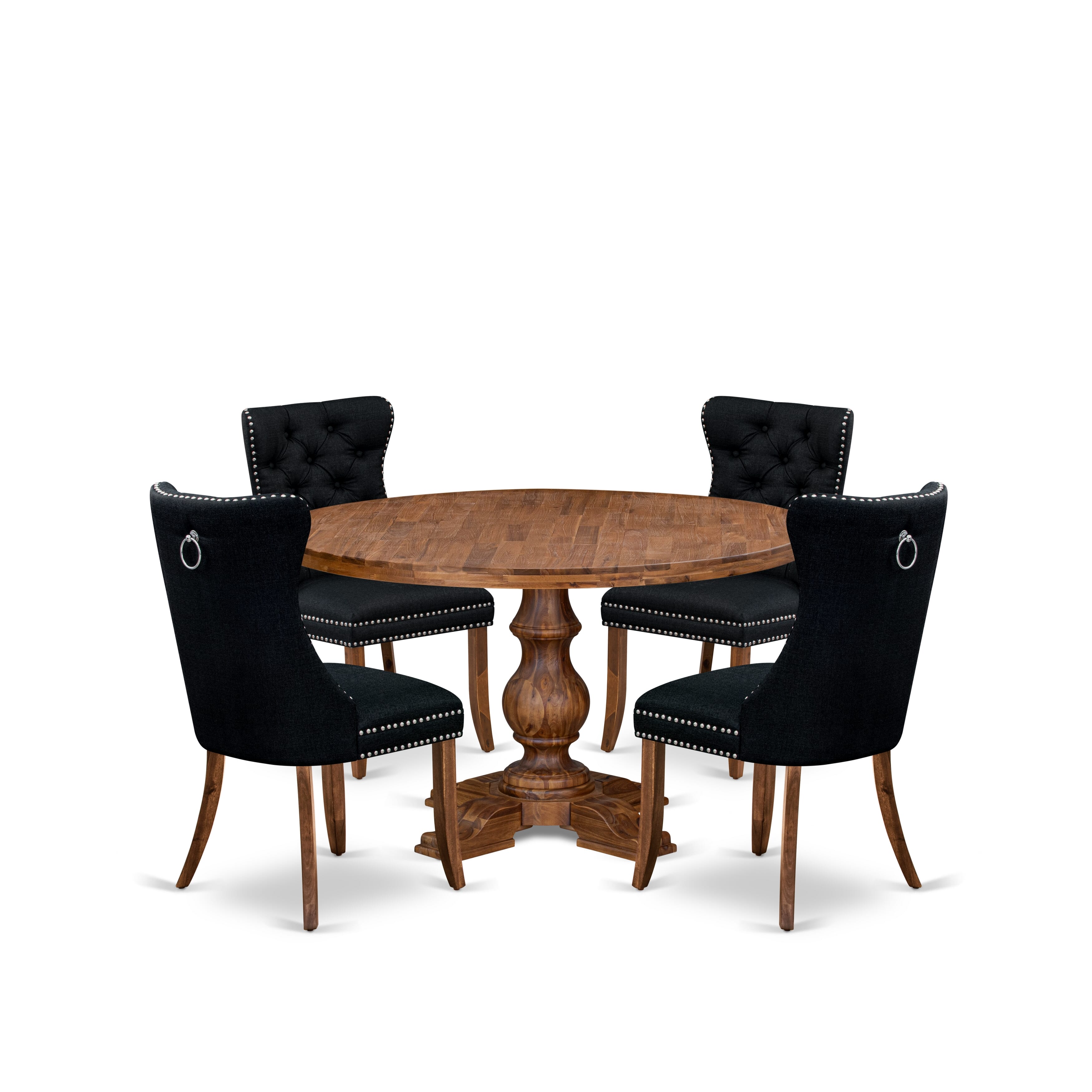 Luxe by East West Furniture I5DA5-50N-24 5-Piece Dining Set with Linen Fabric 4 Black Padded Dining chairs, Button-Tufted Backs, and a 54"Round Table in Antique Walnut Finish.
