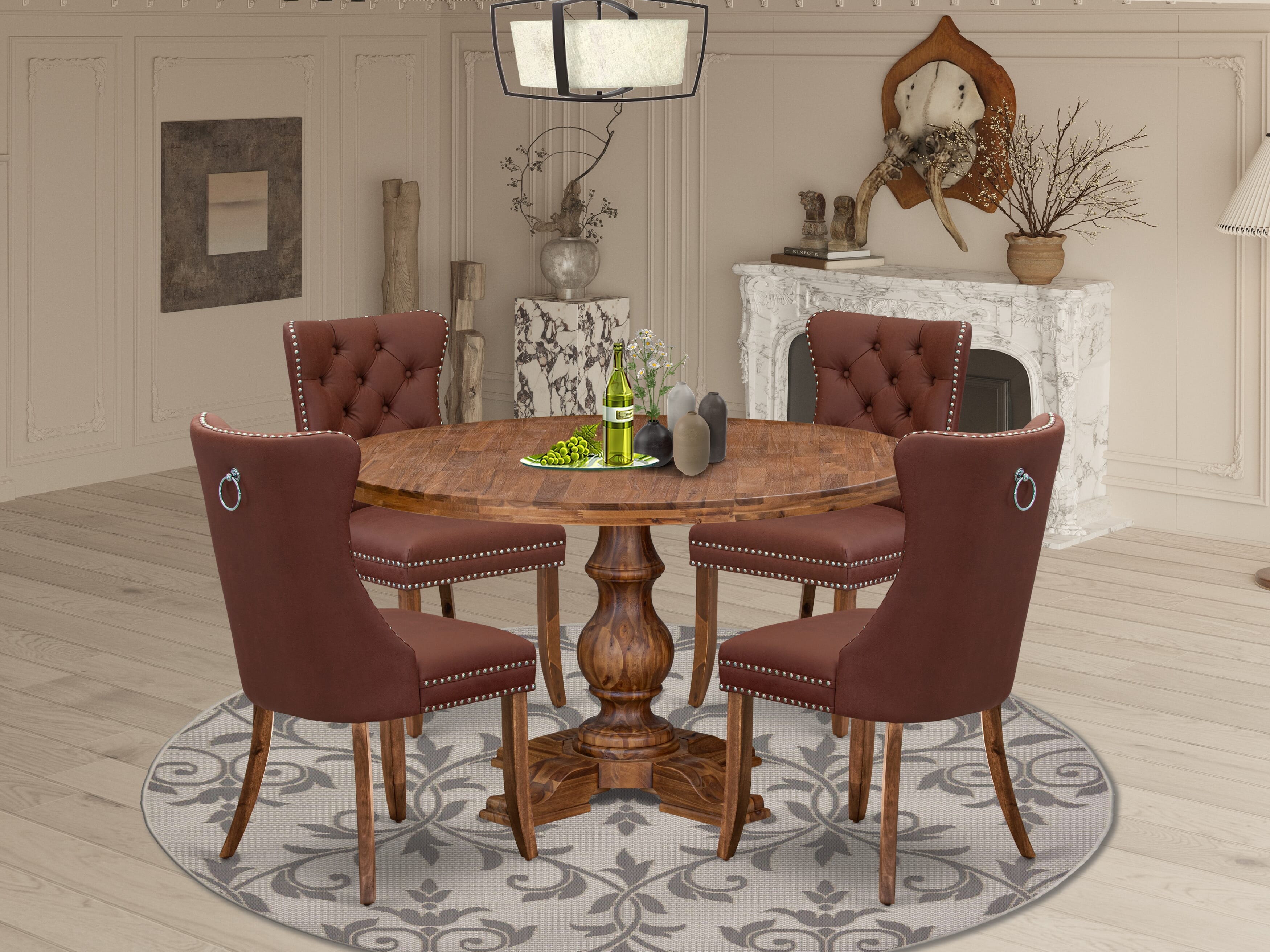 Luxe by East West Furniture I5DA5-50N-26 5-Pc Kitchen Table Set Contain a Wooden Table and 4 Burgundy Faux Leather Upholstered Chairs with Button-Tufted Back, Antique Walnut