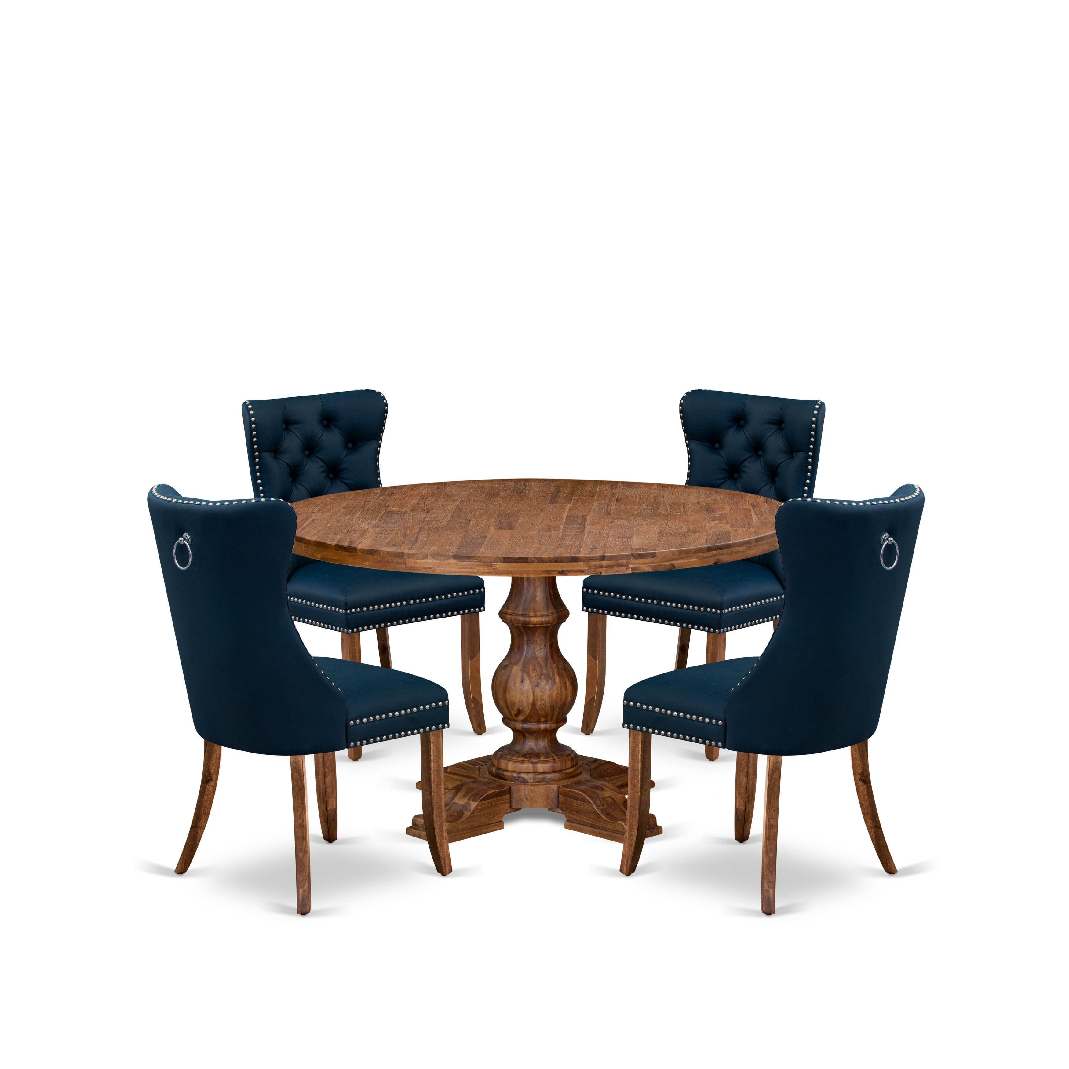 Luxe by East West Furniture I5DA5-50N-29 5-Piece Dining Table Set with Faux Leather 4 Navy Blue Padded chairs, Button-Tufted Backs, and a 54"Round Table in Antique Walnut Finish.