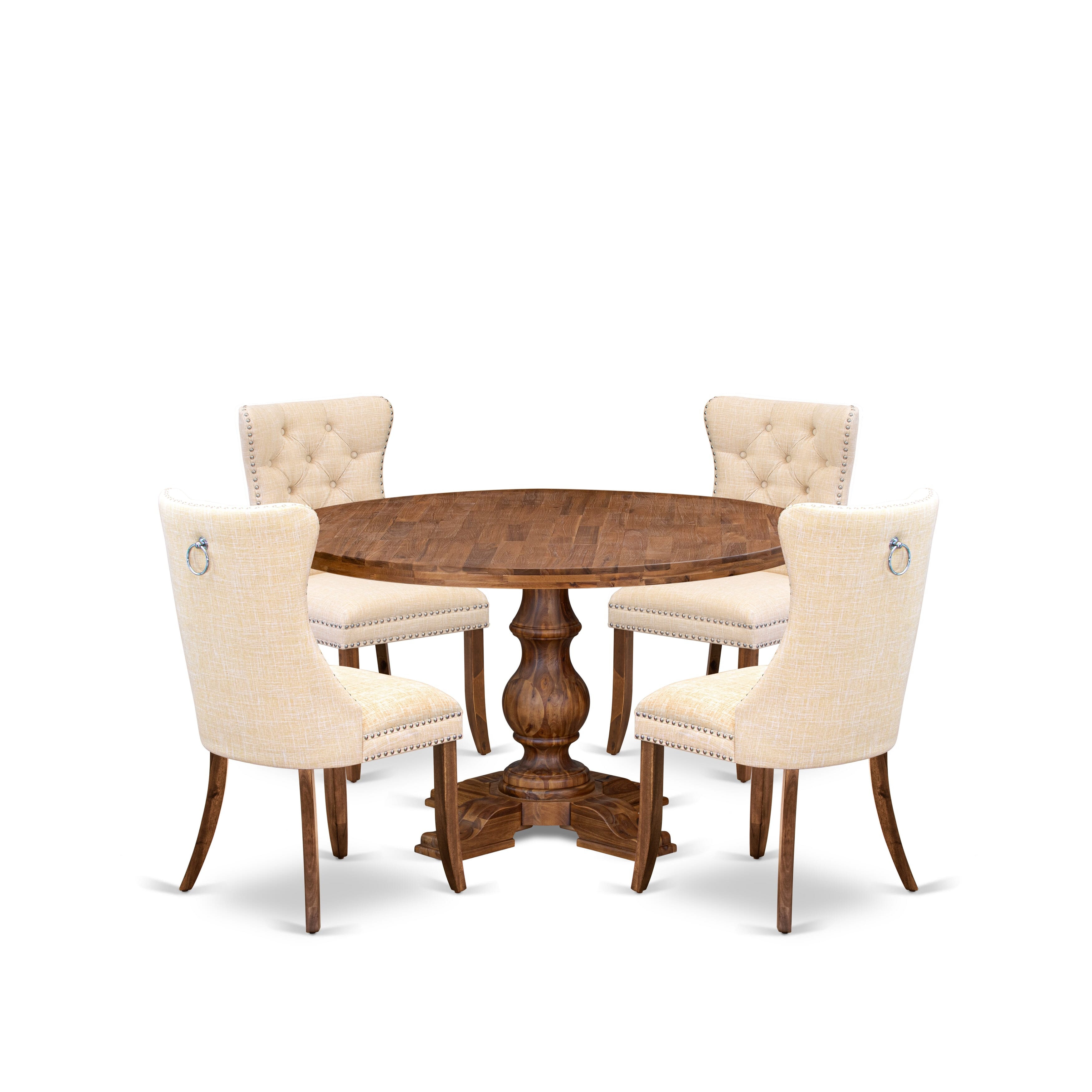 Luxe by East West Furniture I5DA5-50N-32 5-Piece Modern Dining Table Set with Linen Fabric 4 Light Beige kitchen chairs, Button-Tufted Backs, and a 54"Round Table in Antique Walnut Finish.