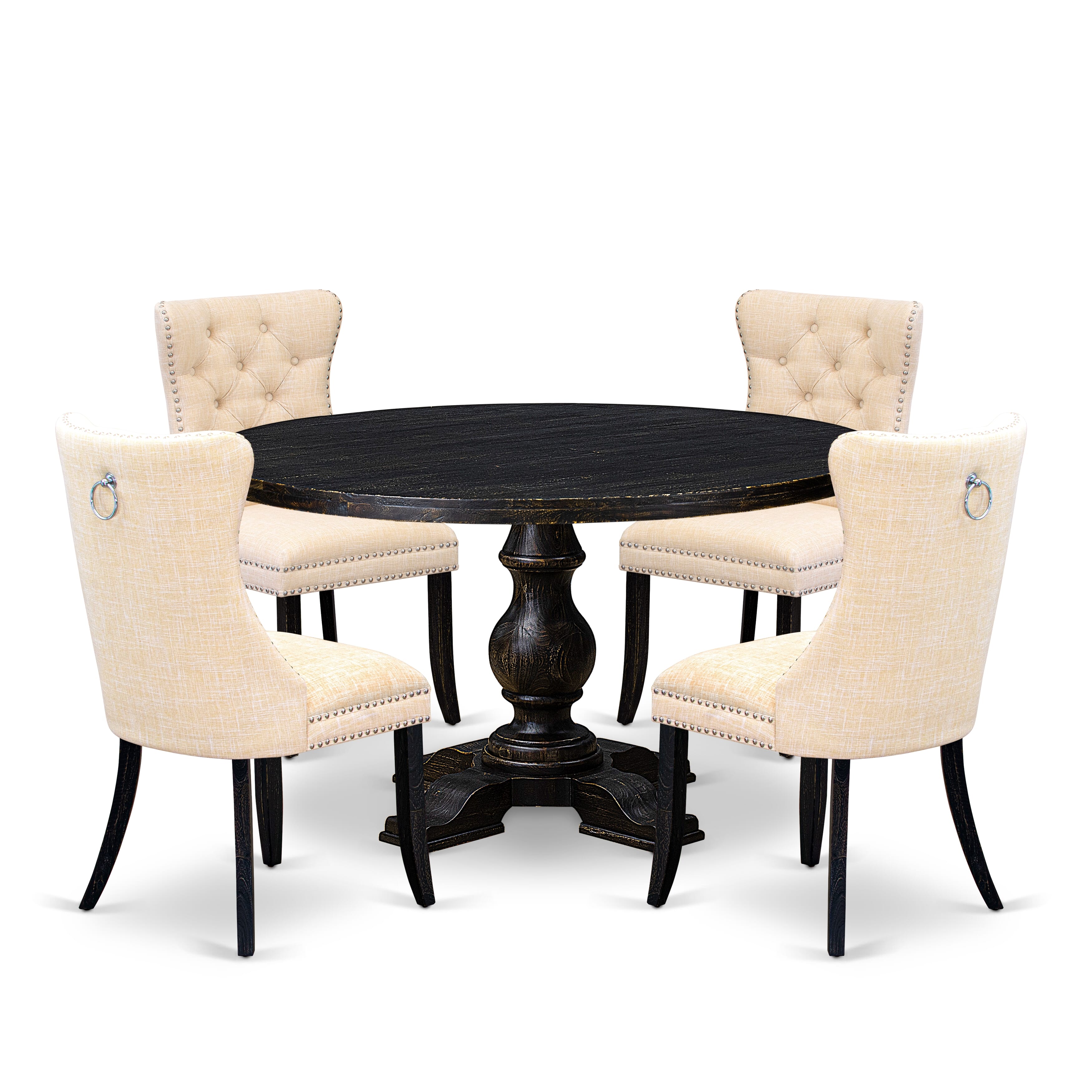 Luxe by East West Furniture I5DA5-511-32 5-pc Modern Dining Set contains a wood table and 4 Light Beige Linen Fabric parson chairs with Button Tufted Back - Sand Blasted Black
