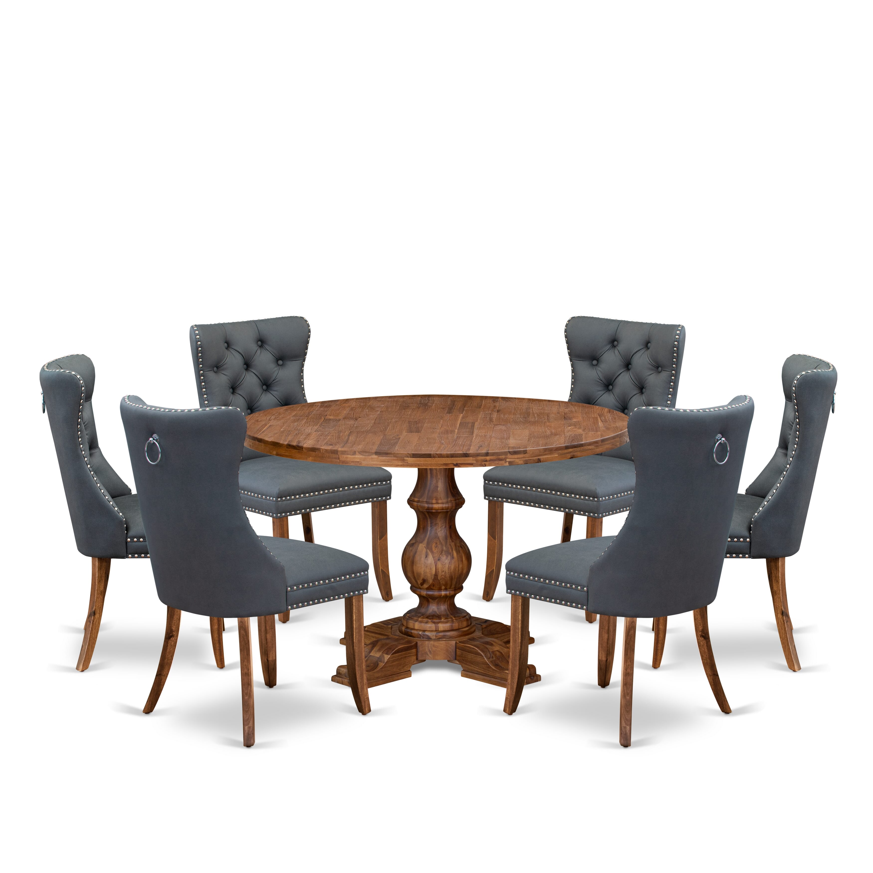 Luxe by East West Furniture I5DA7-40N-13 7-piece Modern Dining table set consists of a Kitchen Table and 6 Platinum Gray Faux Leather Dining Chairs with Button Tufted Back - Antique Walnut Finish