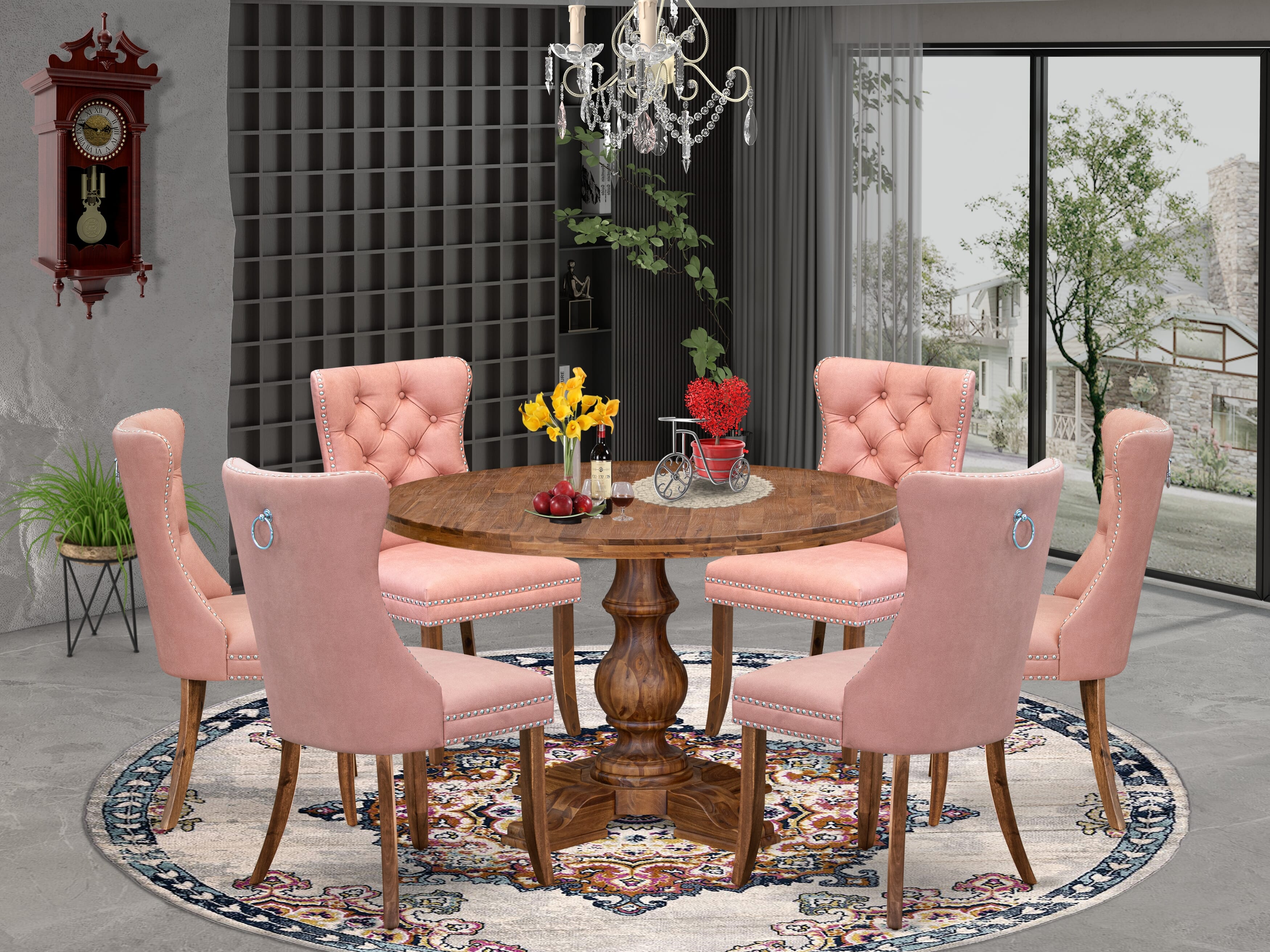 Luxe by East West Furniture I5DA7-40N-23 7-Pc Modern Dining Set Include a Table and 6 Beige Red Faux Leather Upholstered Dining Chairs with Button-Tufted Back, Antique Walnut