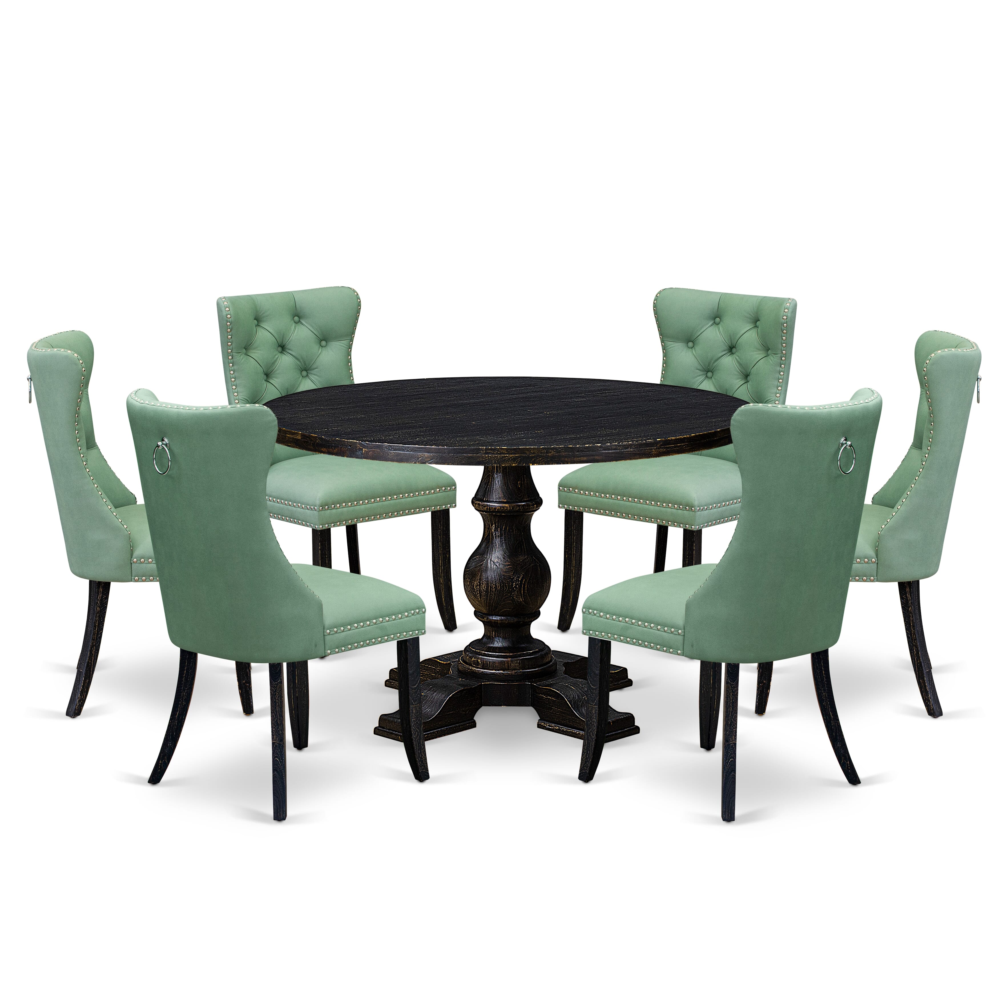 Luxe by East West Furniture I5DA7-411-22 7 Piece Dinette Set Contains a 48" Round Table with Pedestal and 6 Willow Green Faux Leather Upholstered Chairs, Sand Blasted Black