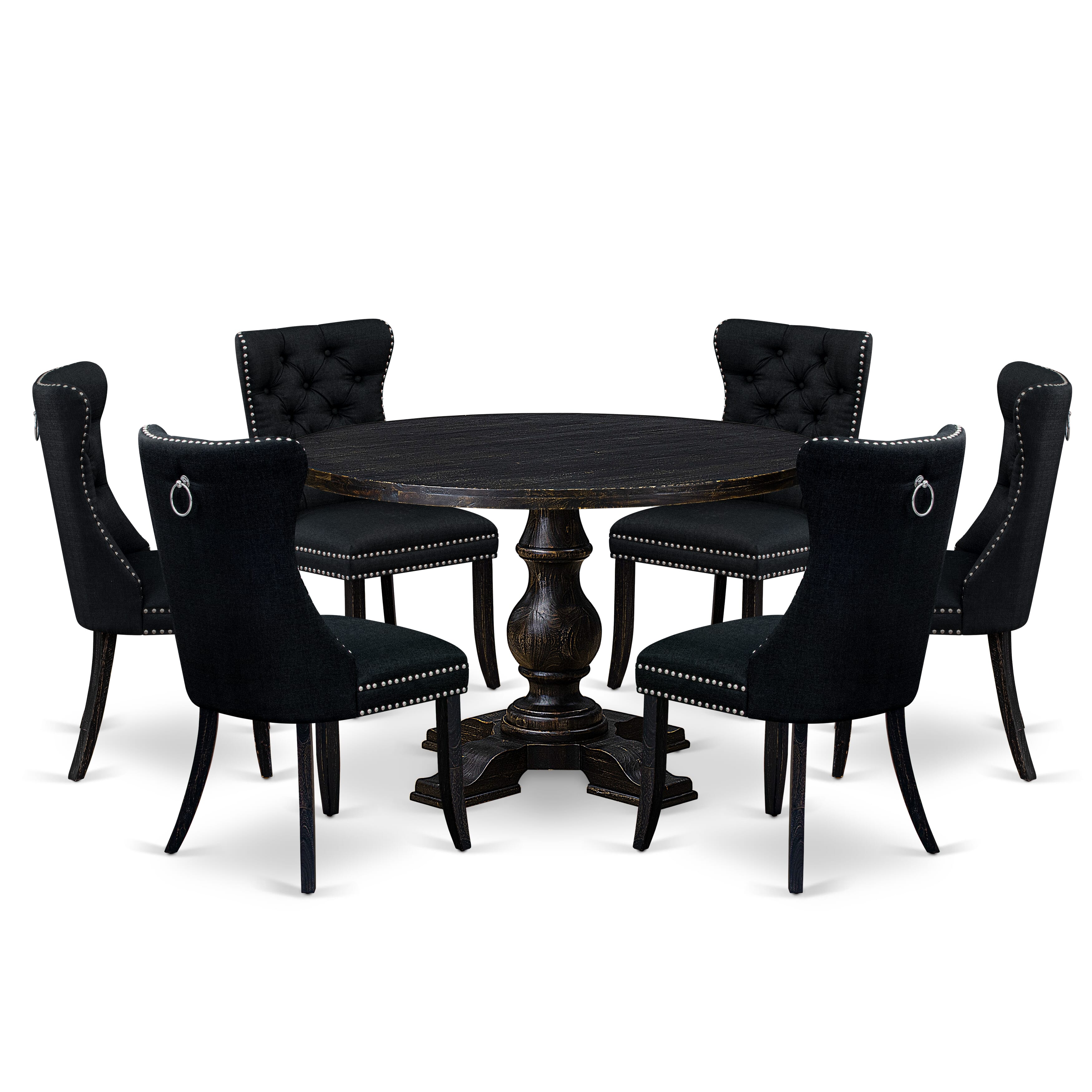 Luxe by East West Furniture I5DA7-411-24 7-piece Dining Table Set consists of a wood table and 6 Black Linen Fabric dining chairs with Button Tufted Back - Sand Blasted Black