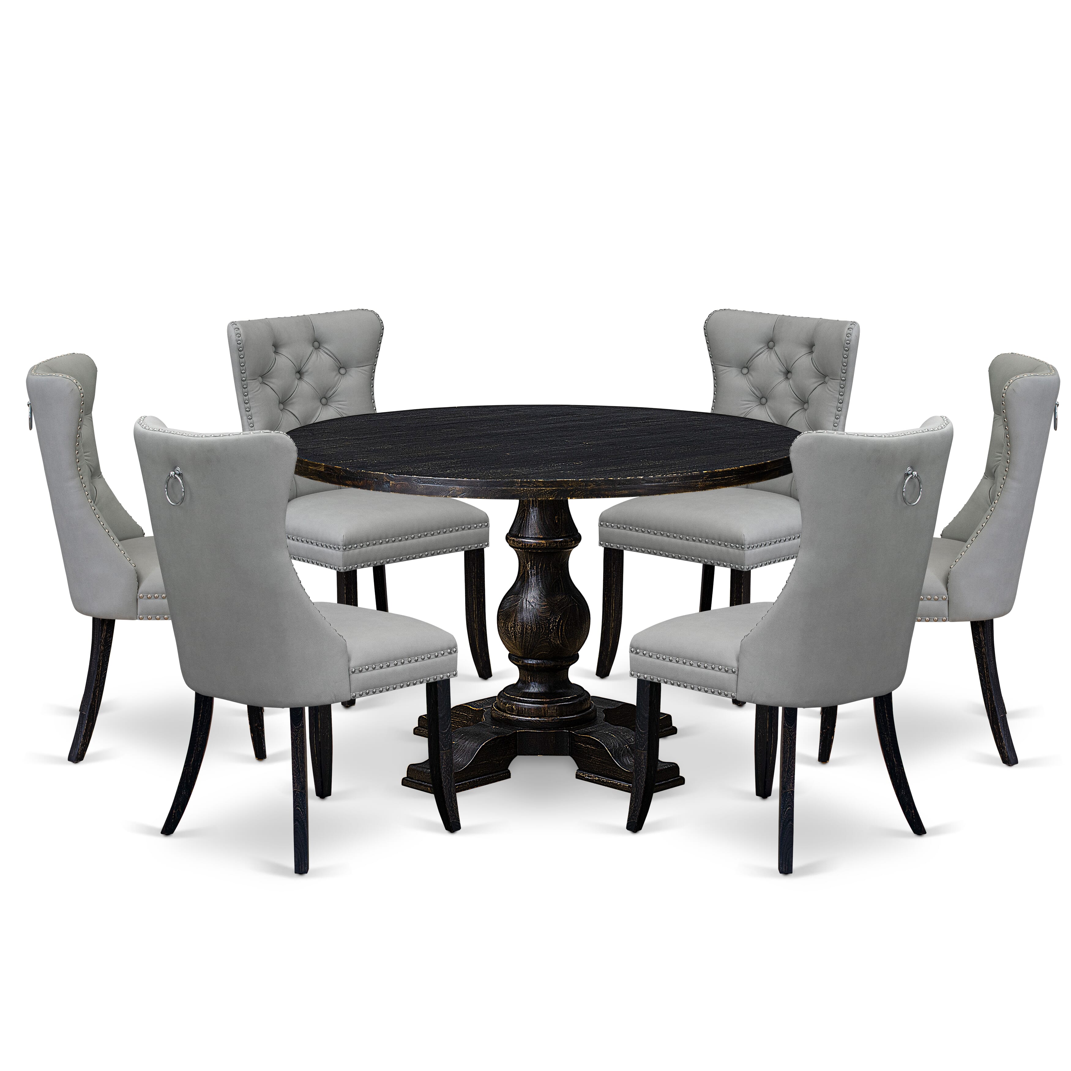 Luxe by East West Furniture I5DA7-411-27 7 Piece Dining Table Set Contains a 48" Round Table with Pedestal and 6 Light Gray Faux Leather Upholstered Chairs, Sand Blasted Black