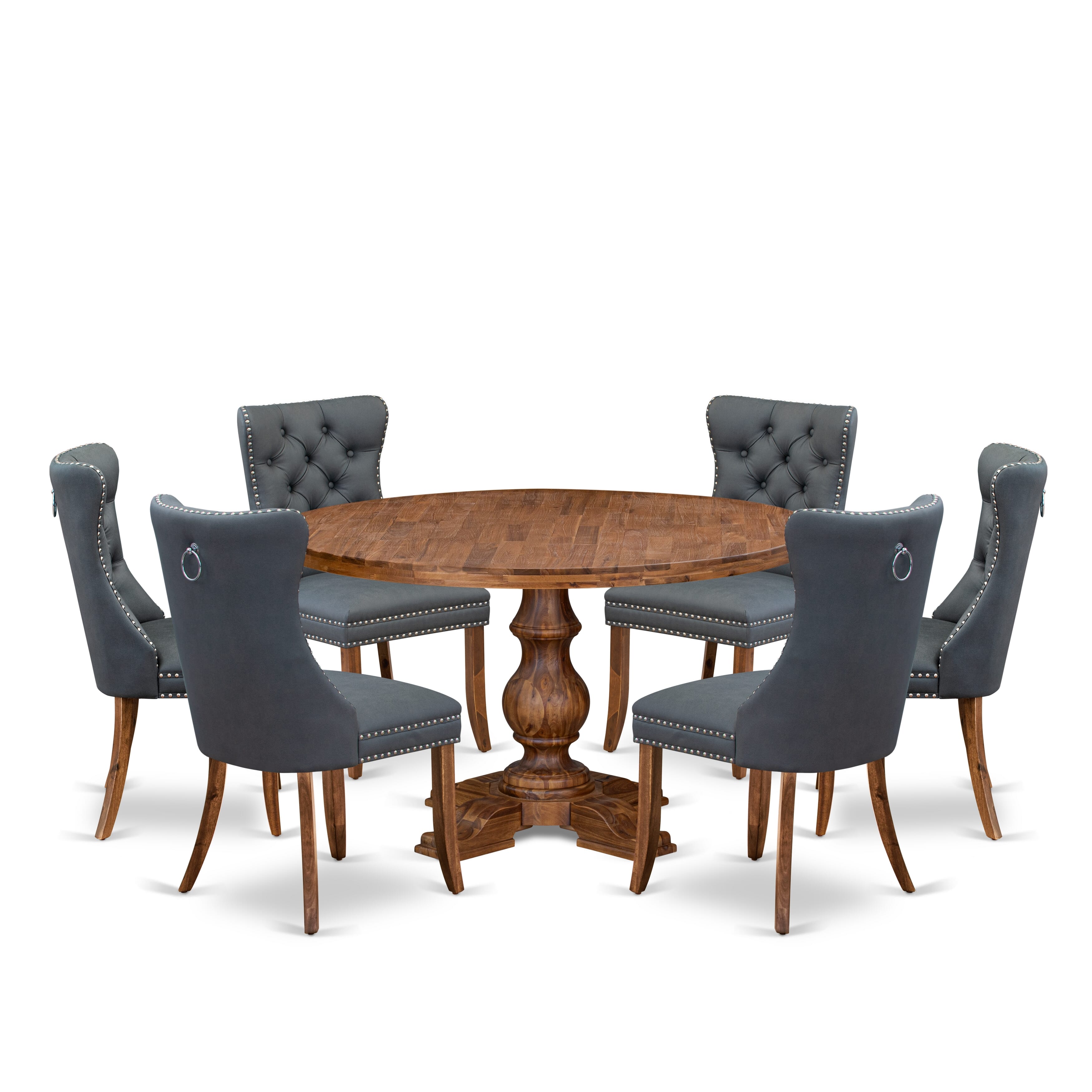 Luxe by East West Furniture I5DA7-50N-13 7-piece Kitchen table set consists of a Dining Table and 6 Platinum Gray Faux Leather Dining Room Chairs with Button Tufted Back - Antique Walnut Finish