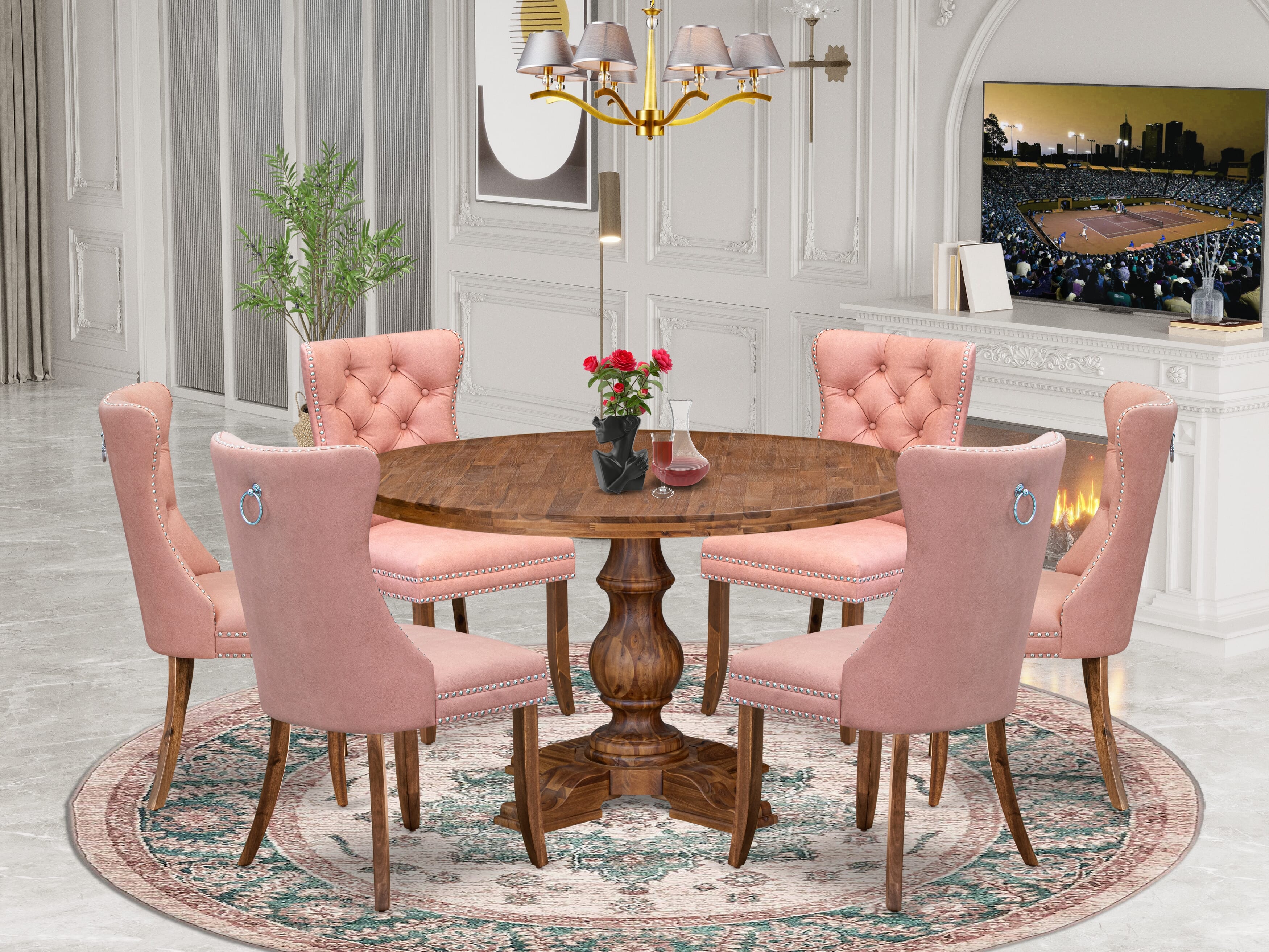 Luxe by East West Furniture I5DA7-50N-23 7-Pc Dinner Table Set Include a Dining Table and 6 Beige Red Faux Leather Upholstered Chairs with Button-Tufted Back, Antique Walnut