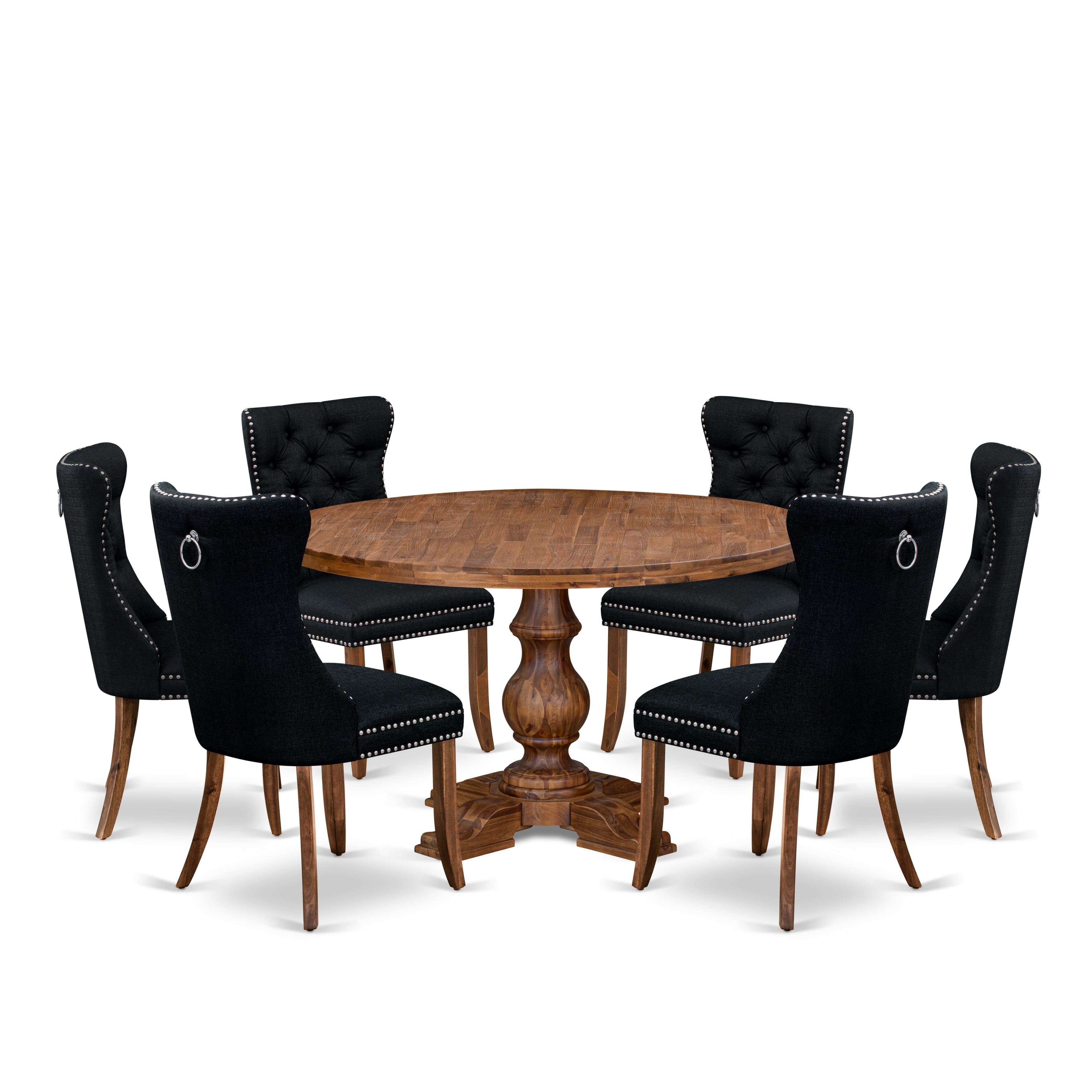 Luxe by East West Furniture I5DA7-50N-24 7-Piece Dining Room Set with Linen Fabric 6 Black kitchen chairs, Button-Tufted Backs, and a 54"Round Breakfast Table in Antique Walnut Finish.