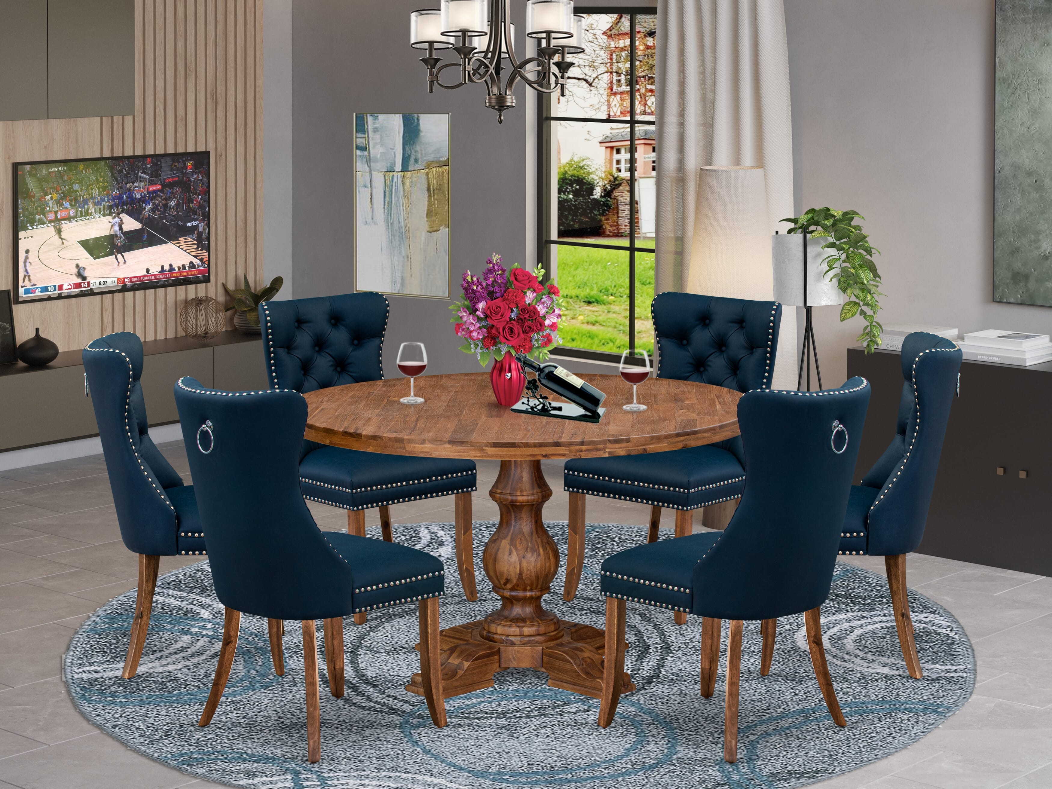 Luxe by East West Furniture I5DA7-50N-29 7-Piece Modern Dining Set with Faux Leather 6 Navy Blue kitchen chairs, Button-Tufted Backs, and a 54"Round Dinner Table in Antique Walnut Finish.