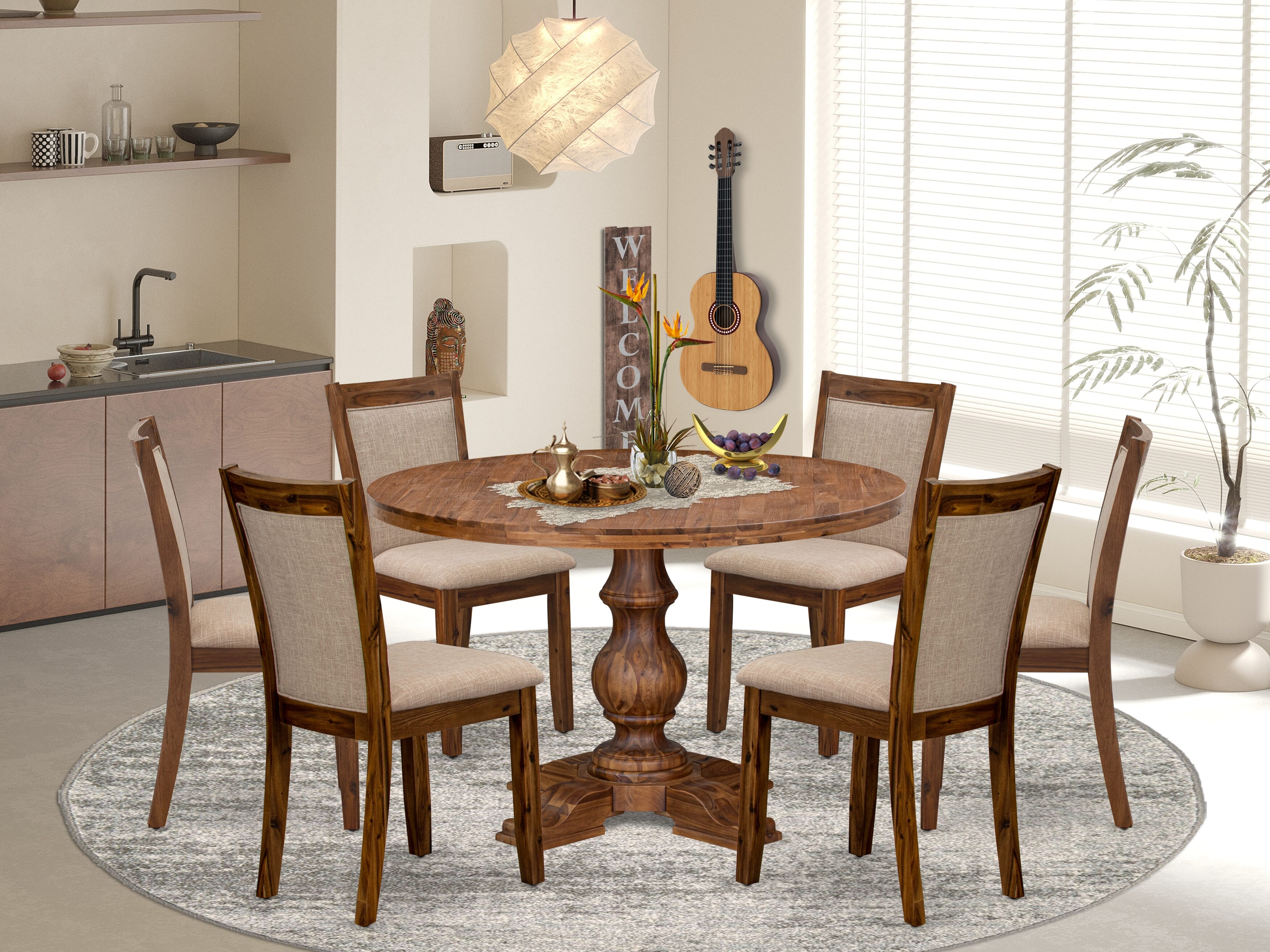 Luxe by East West Furniture I5MZ7-40N-04 7-Pc Mid-century Dining Set consists of a Pedestal Table and 6 Light Tan Linen Fabric Kitchen Chairs with Padded Back - Antique Walnut