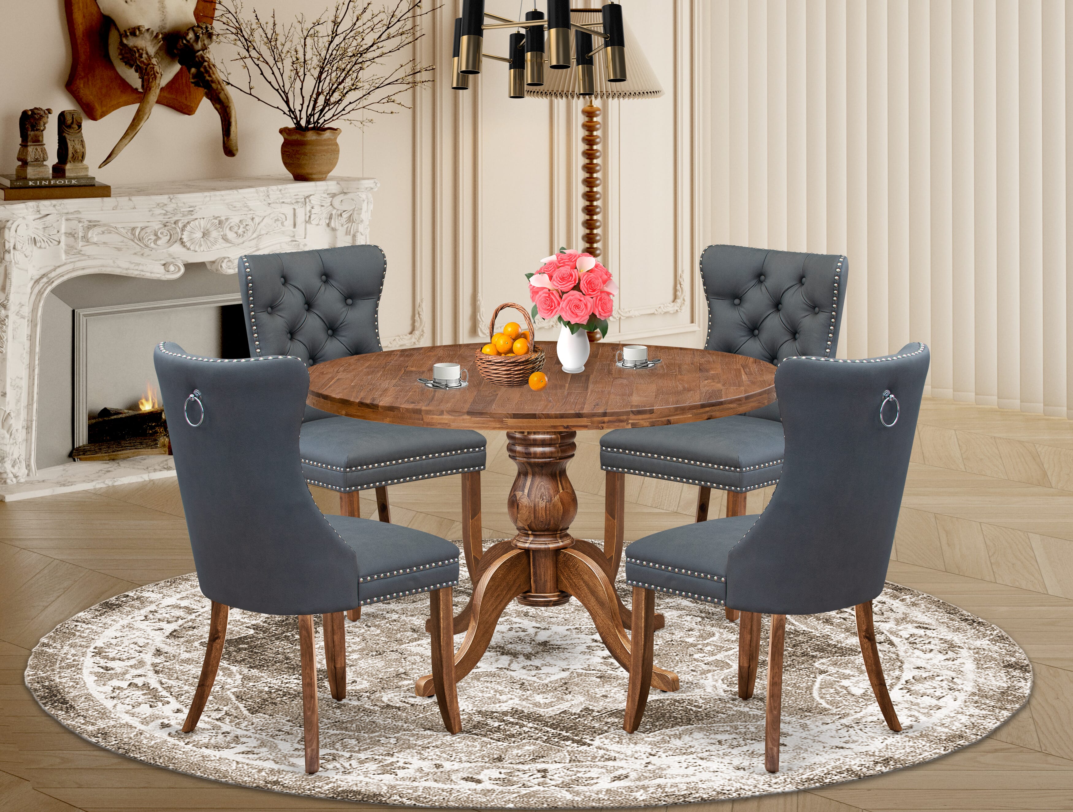 Luxe by East West Furniture I6DA5-40N-13 5-piece Dining Room set included a Kitchen Table and 4 Platinum Gray Faux Leather Dining Room Chairs with Button Tufted Back - Antique Walnut Finish