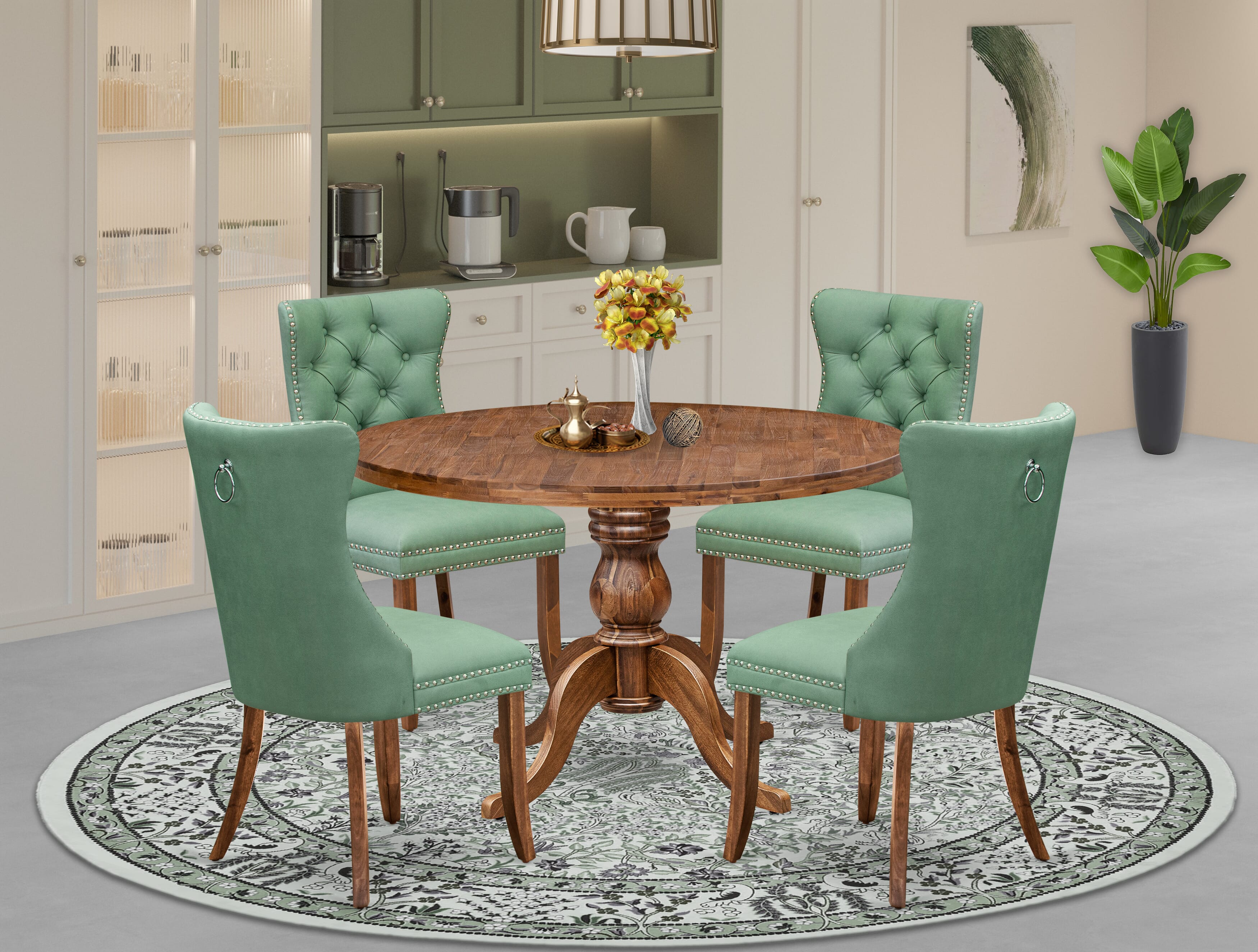 Luxe by East West Furniture I6DA5-40N-22 5-Pc DiningSet Consist a Wood Dining Table and 4 Willow Green Faux Leather Parsons Chairs with Button-Tufted Back, Antique Walnut
