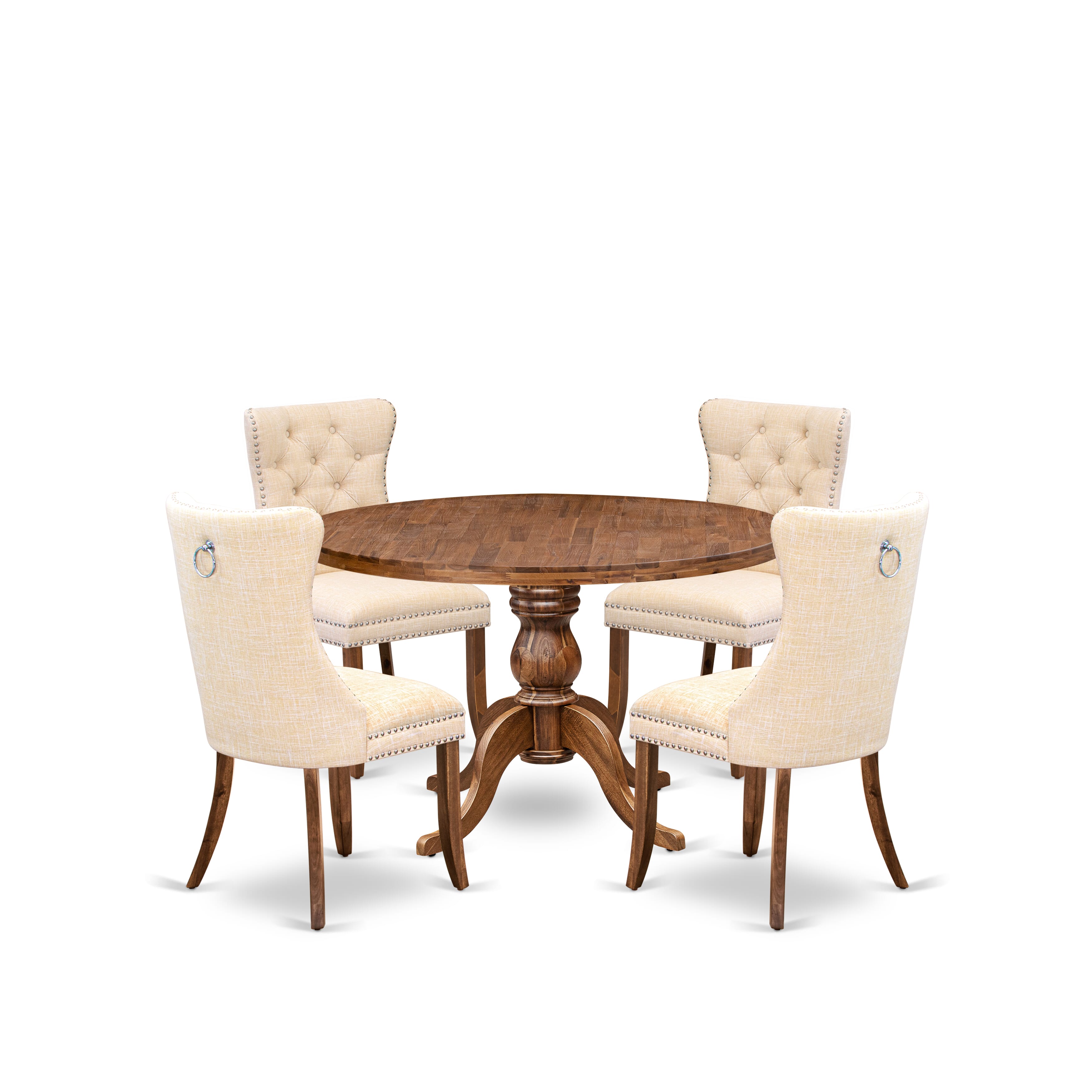 Luxe by East West Furniture I6DA5-40N-32 5-Piece Modern Dining Table Set with Linen Fabric 4 Light Beige kitchen chairs, Button-Tufted Backs, and a 48"Round Table in Antique Walnut Finish.