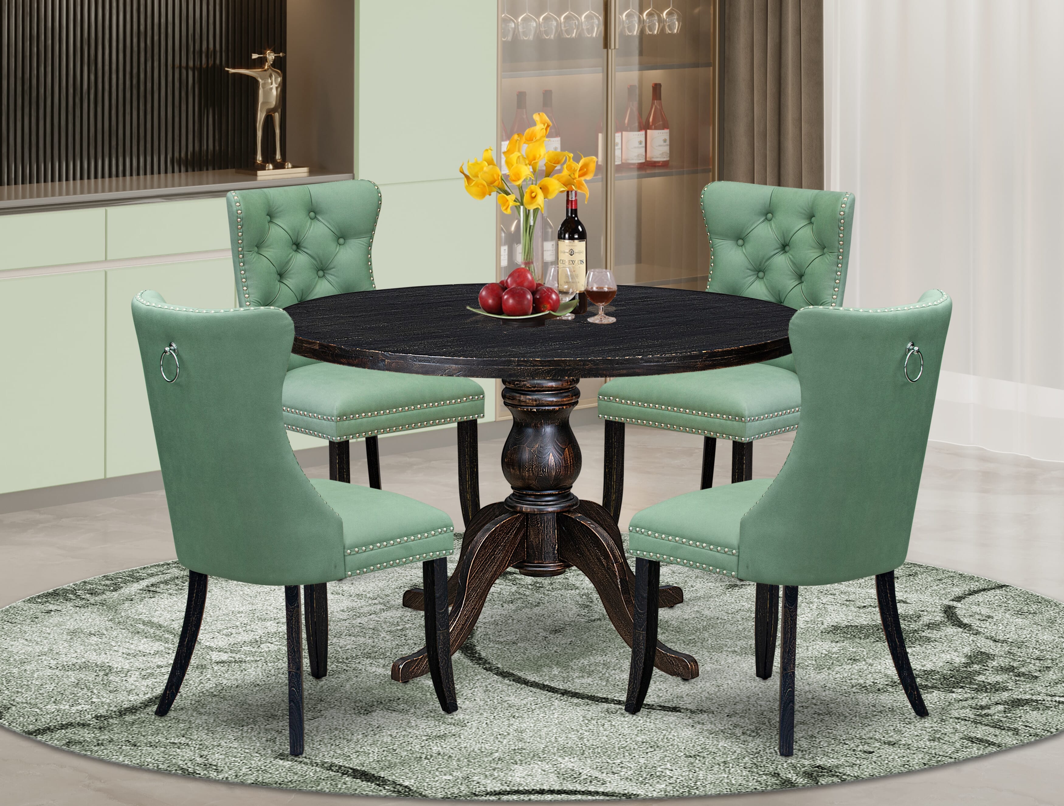 Luxe by East West Furniture I6DA5-411-22 5 Piece Dining Set Includes a 48" Round Table with Pedestal and 4 Willow Green Faux Leather Upholstered Chairs, Sand Blasted Black