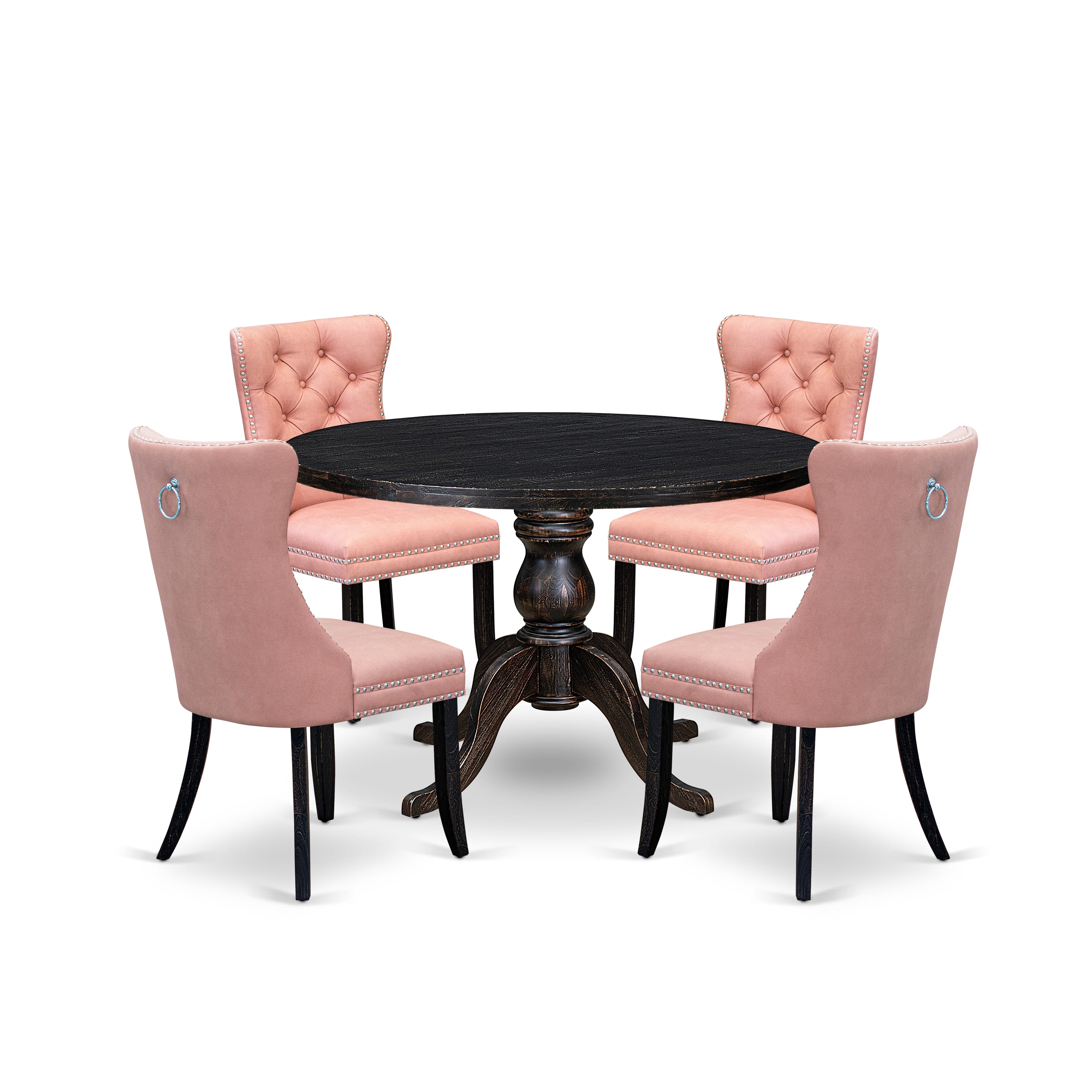 Luxe by East West Furniture I6DA5-411-23 5 Piece Dining Set for 4 Includes a 48" Round Table with Pedestal and 4 Beige Red Faux Leather Upholstered Chairs, Sand Blasted Black